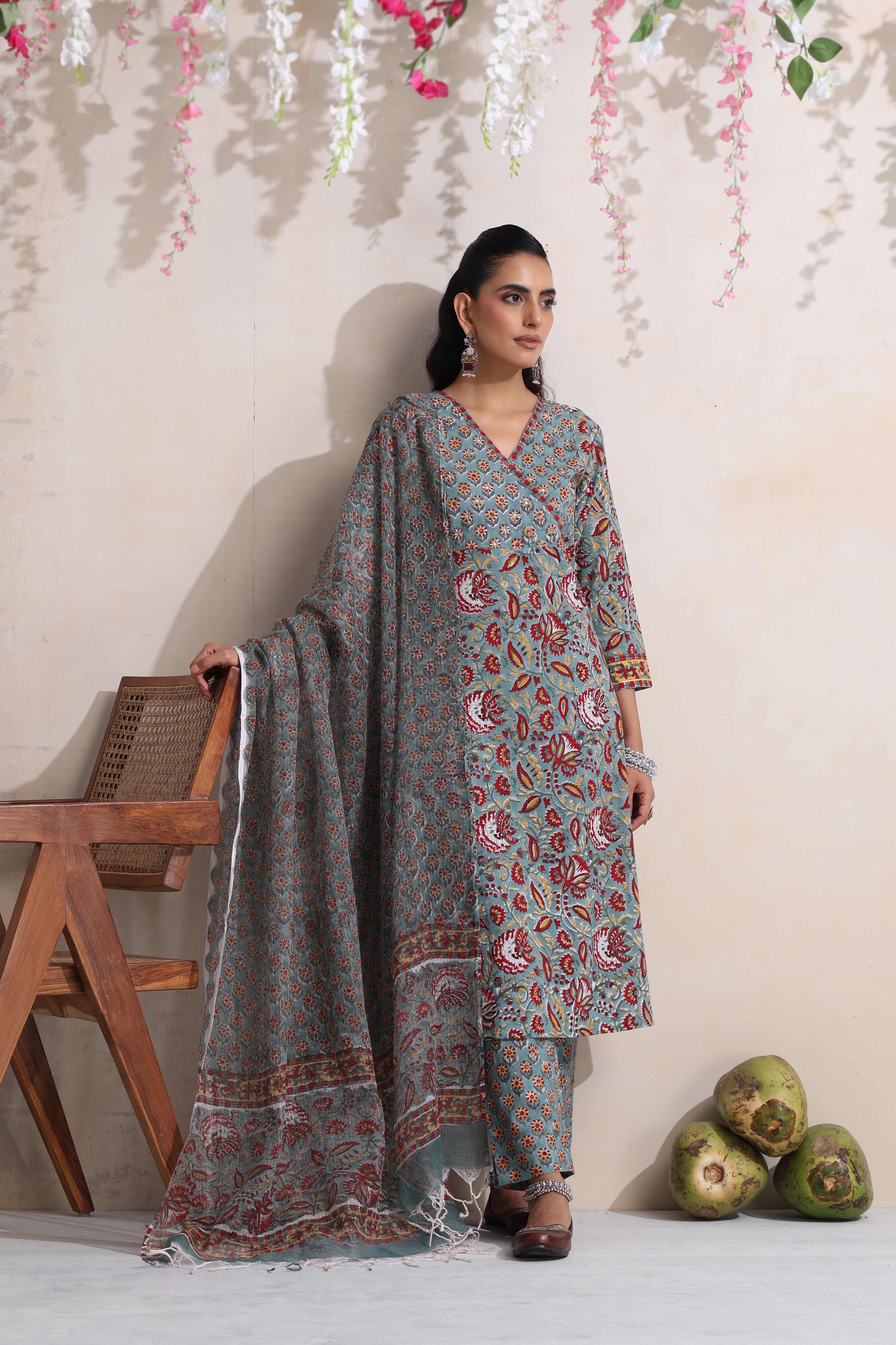 Green Gerrica Embroidered Kurta Set of 3