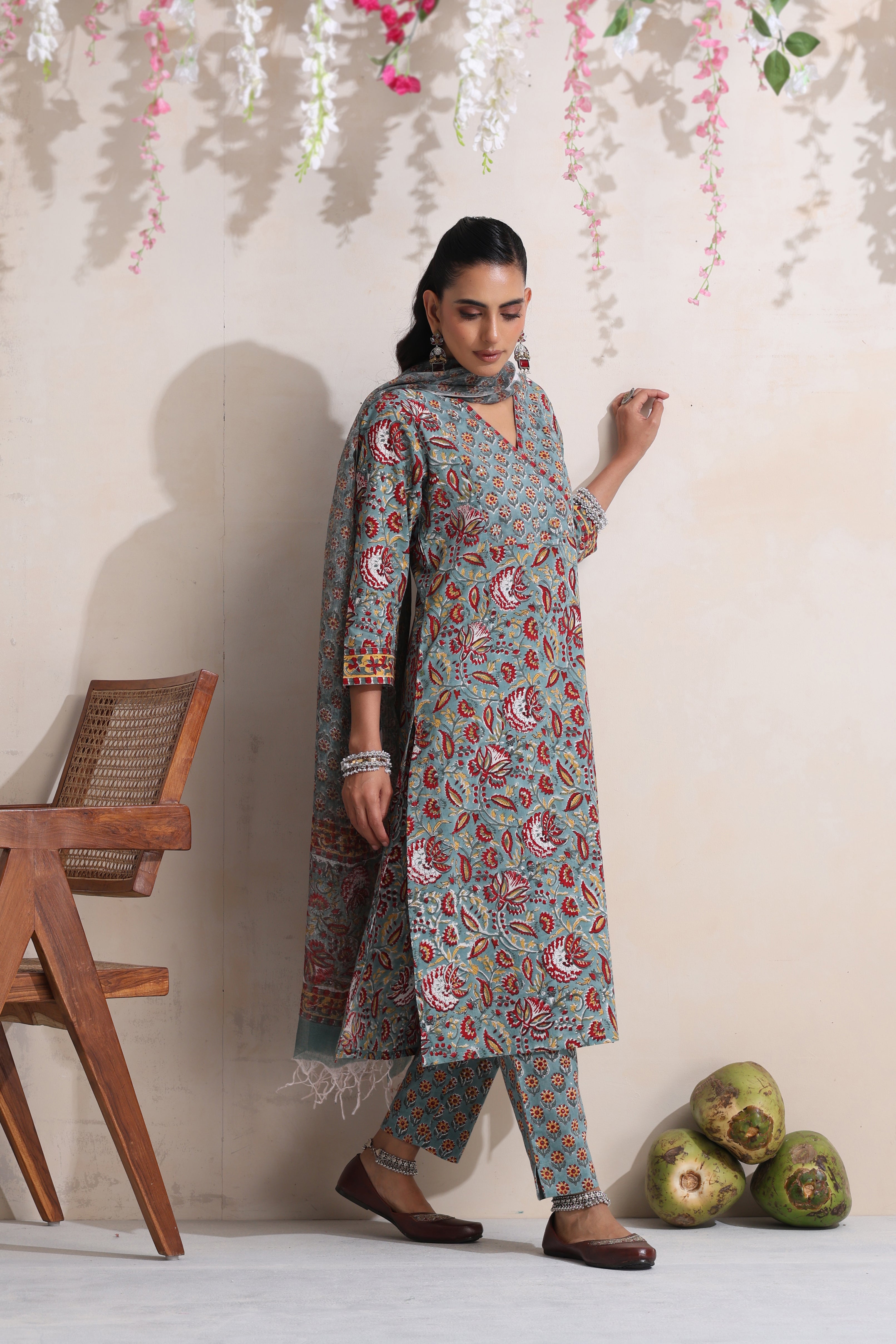 Green Gerrica Embroidered Kurta Set of 3