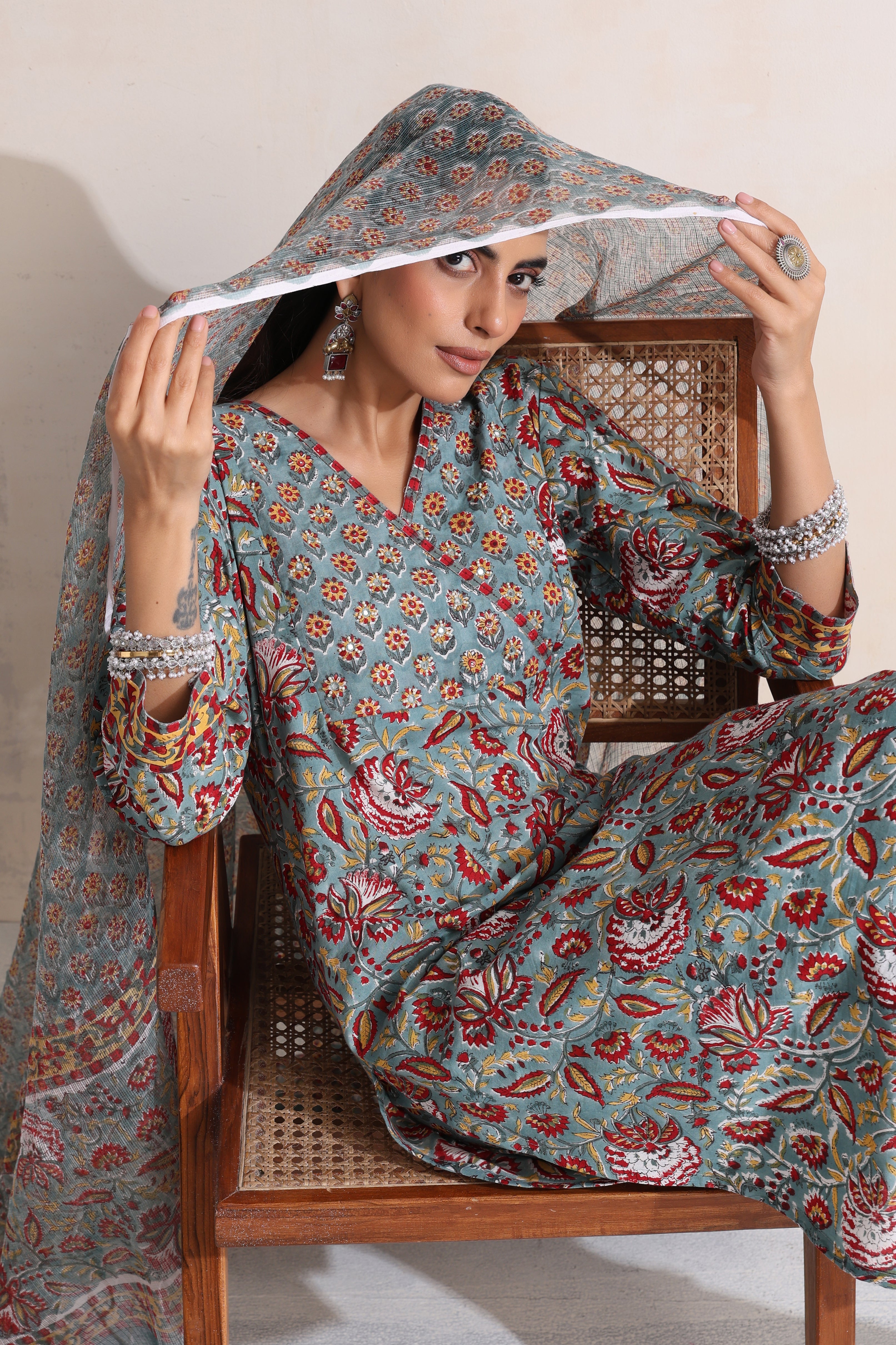 Green Gerrica Embroidered Kurta Set of 3