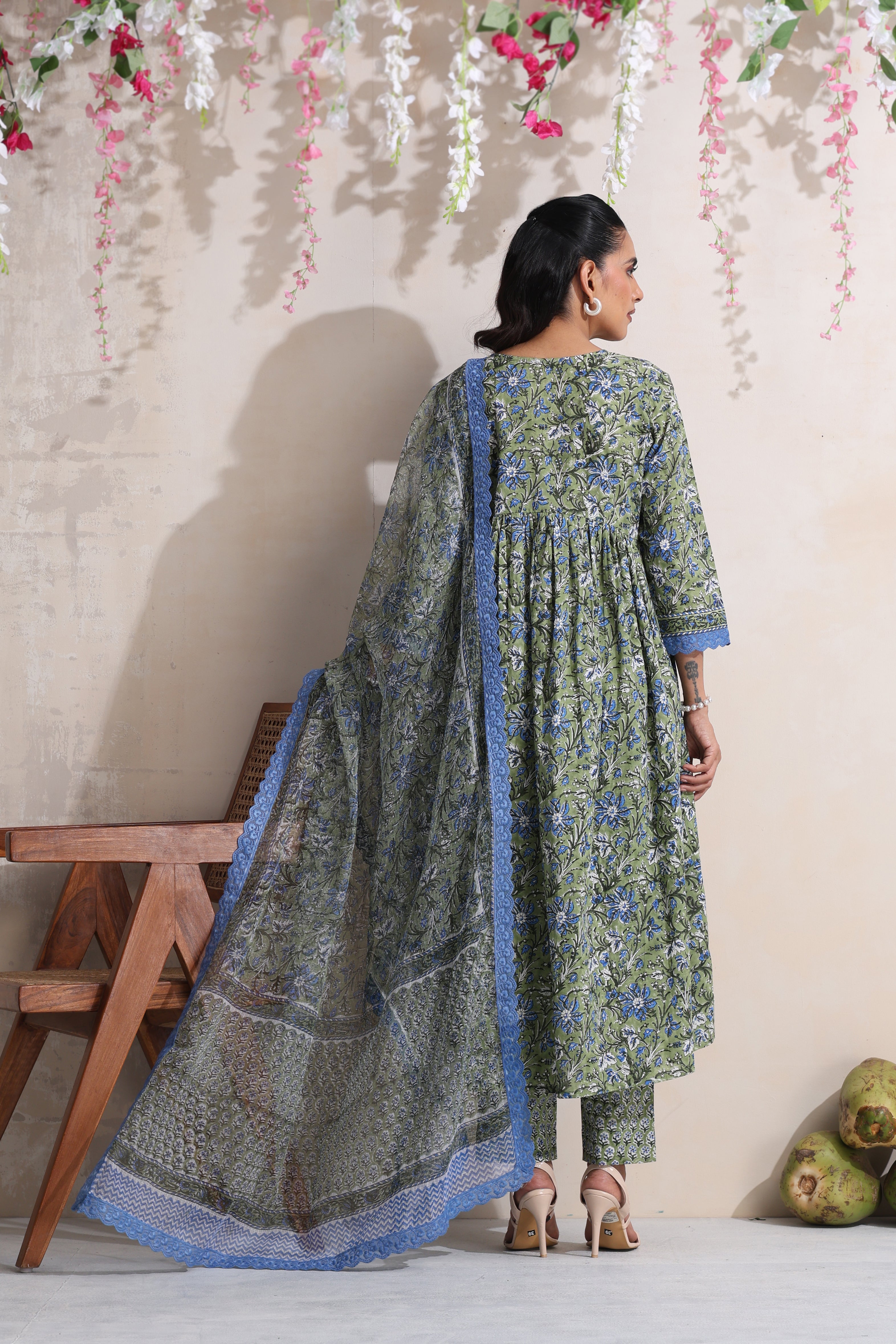 Green Gemma Gathered Kurta Set of 3