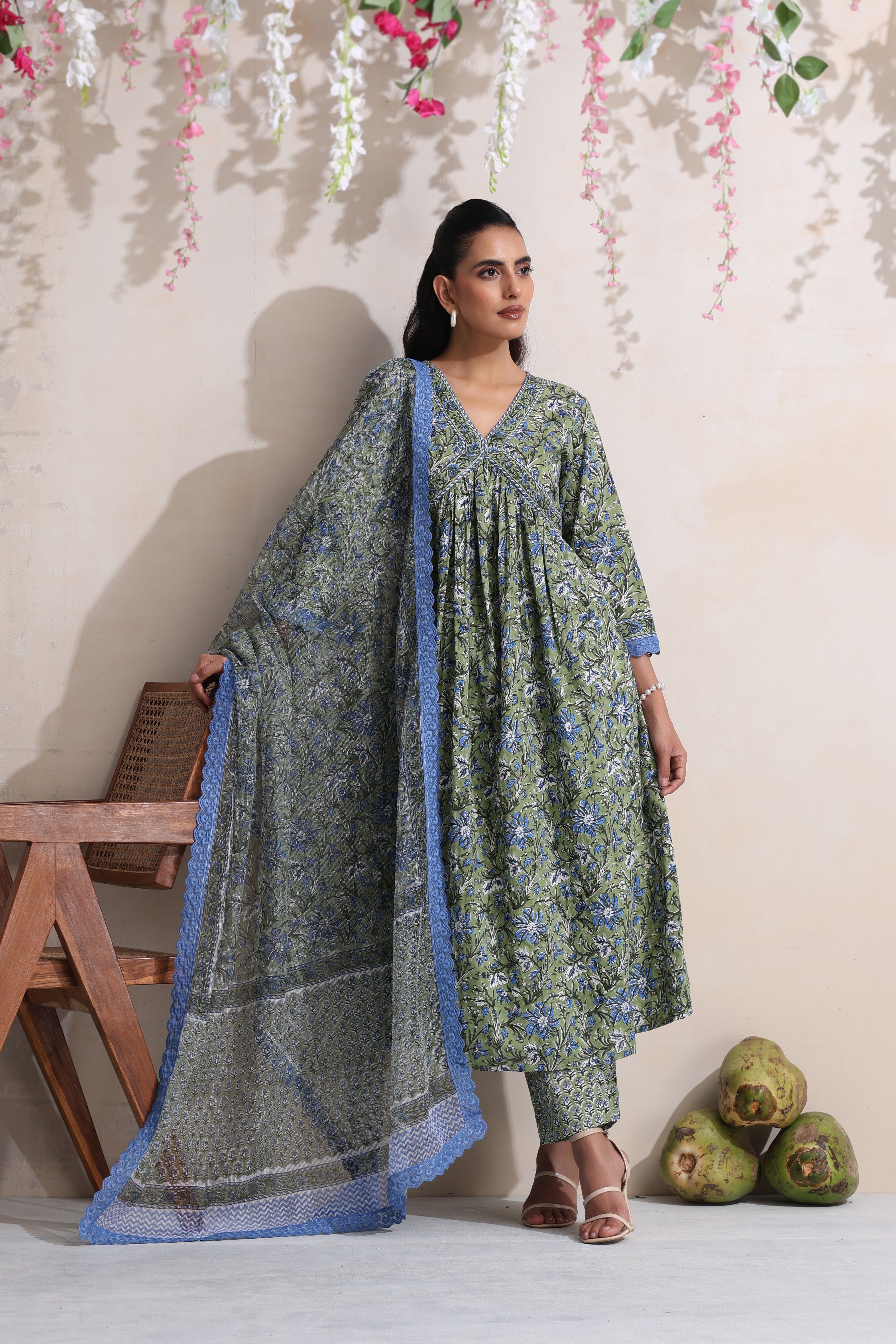Green Gemma Gathered Kurta Set of 3