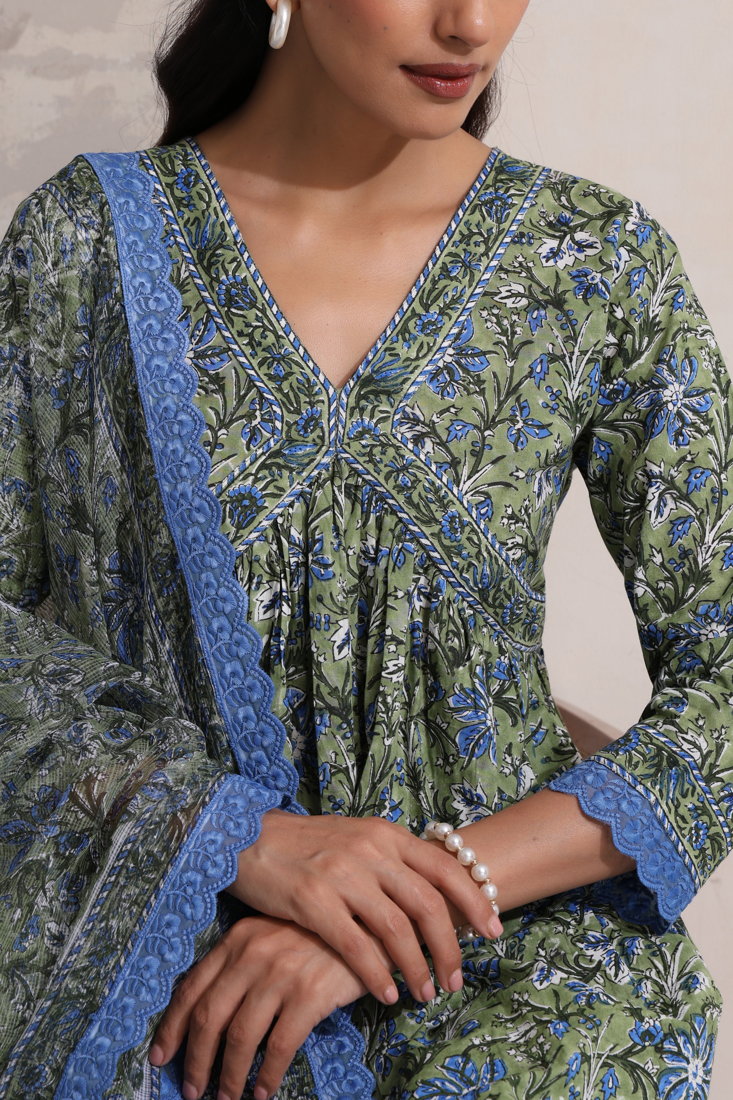 Green Gemma Gathered Kurta Set of 3