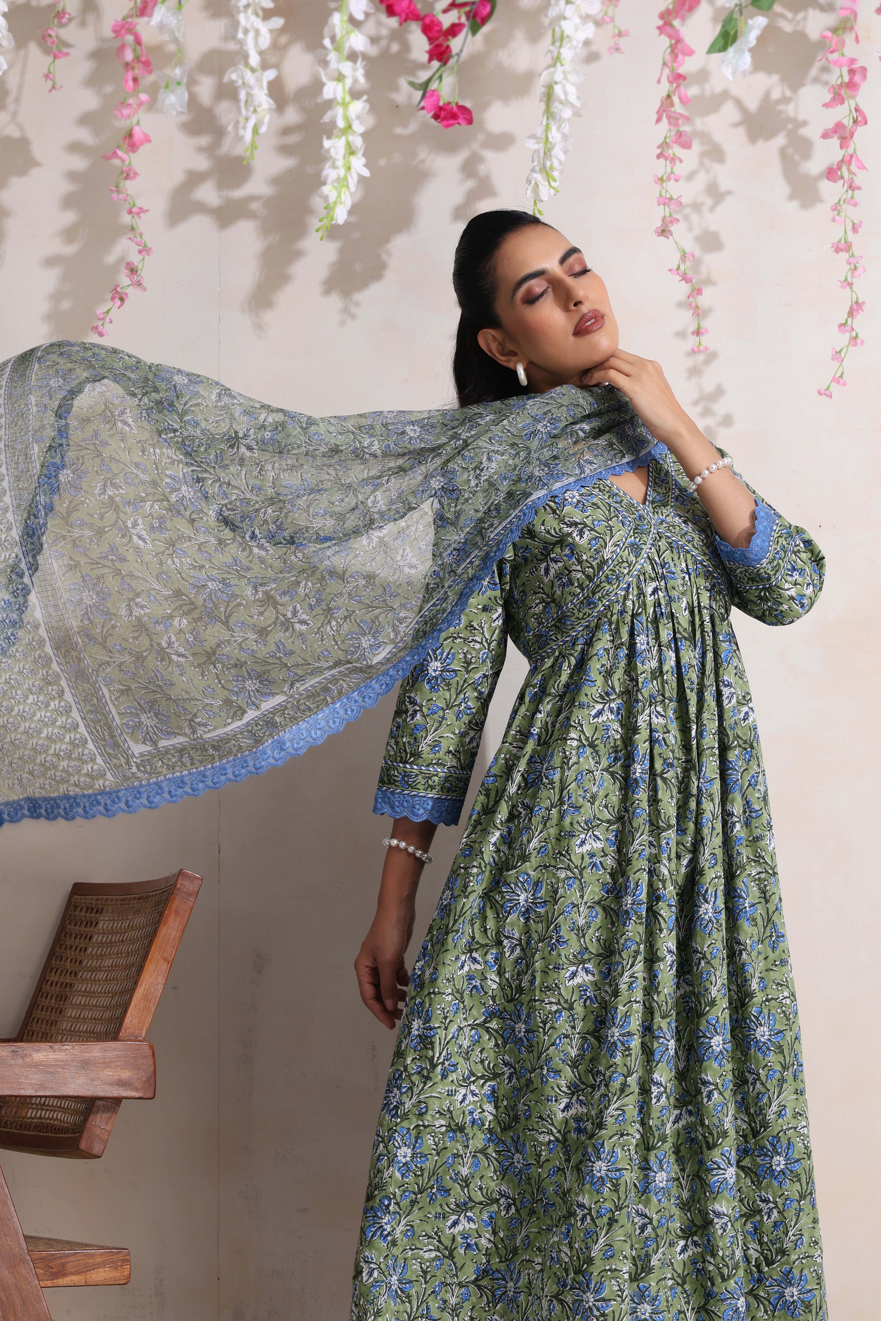 Green Gemma Gathered Kurta Set of 3