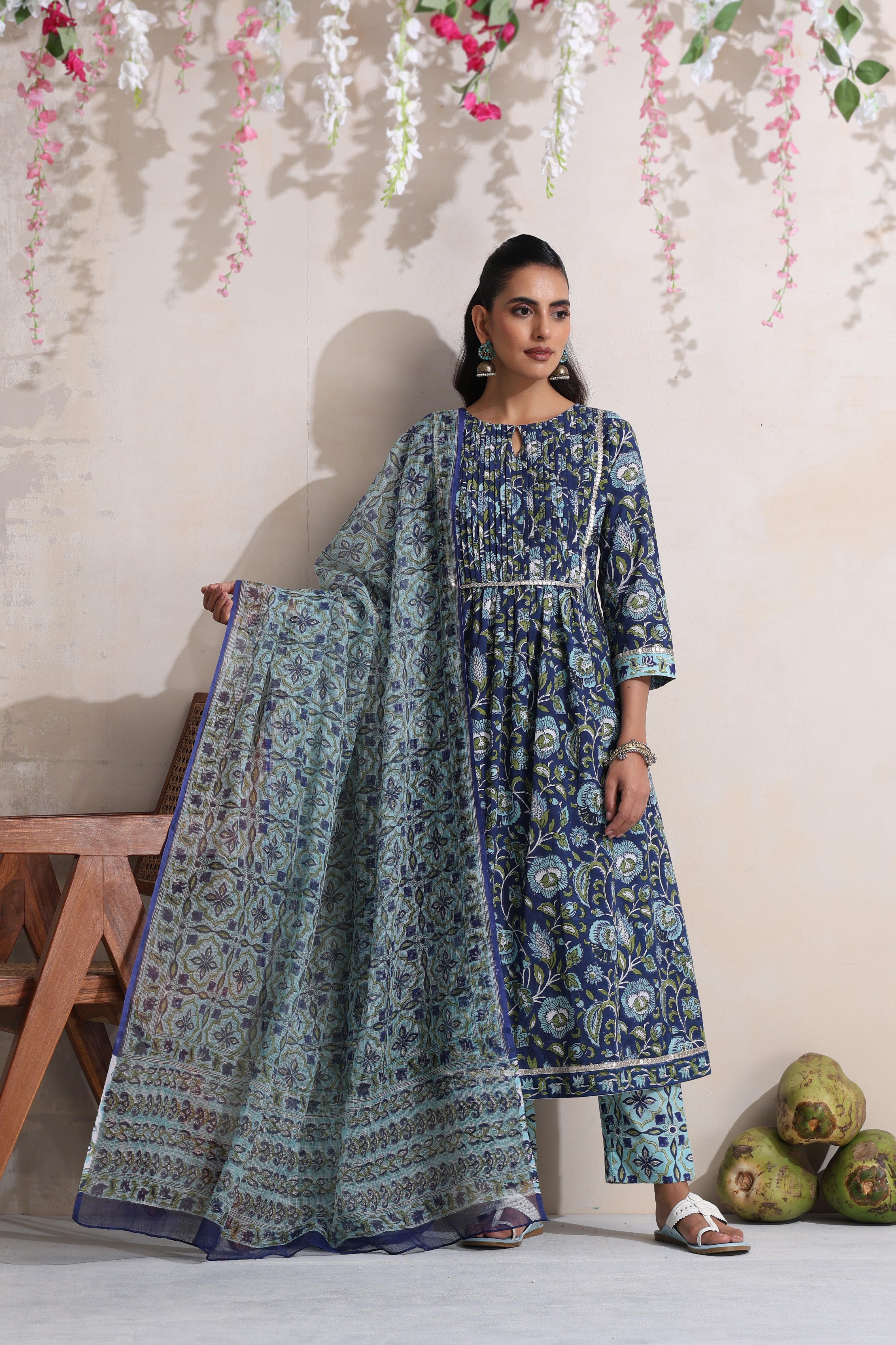 Blue Krista Pintucks Gathered Kurta Set of 3