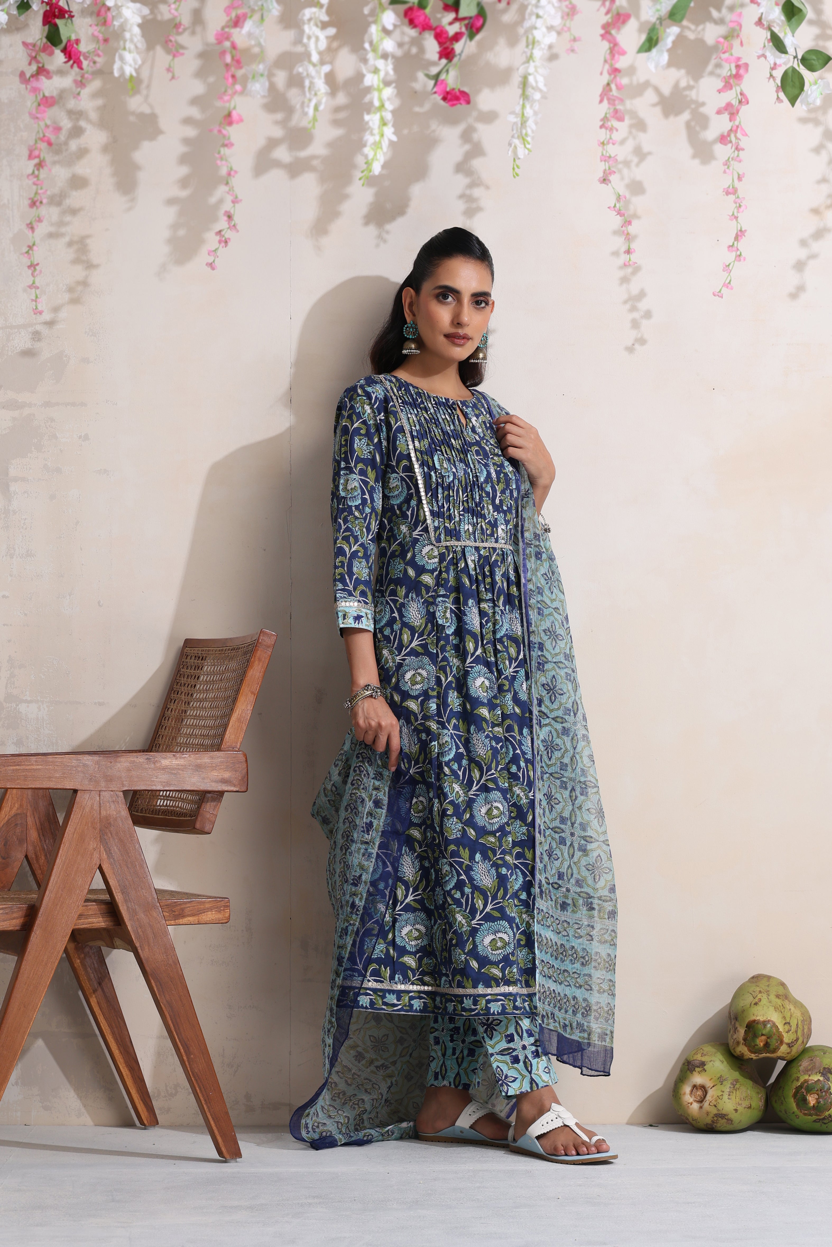 Blue Krista Pintucks Gathered Kurta Set of 3