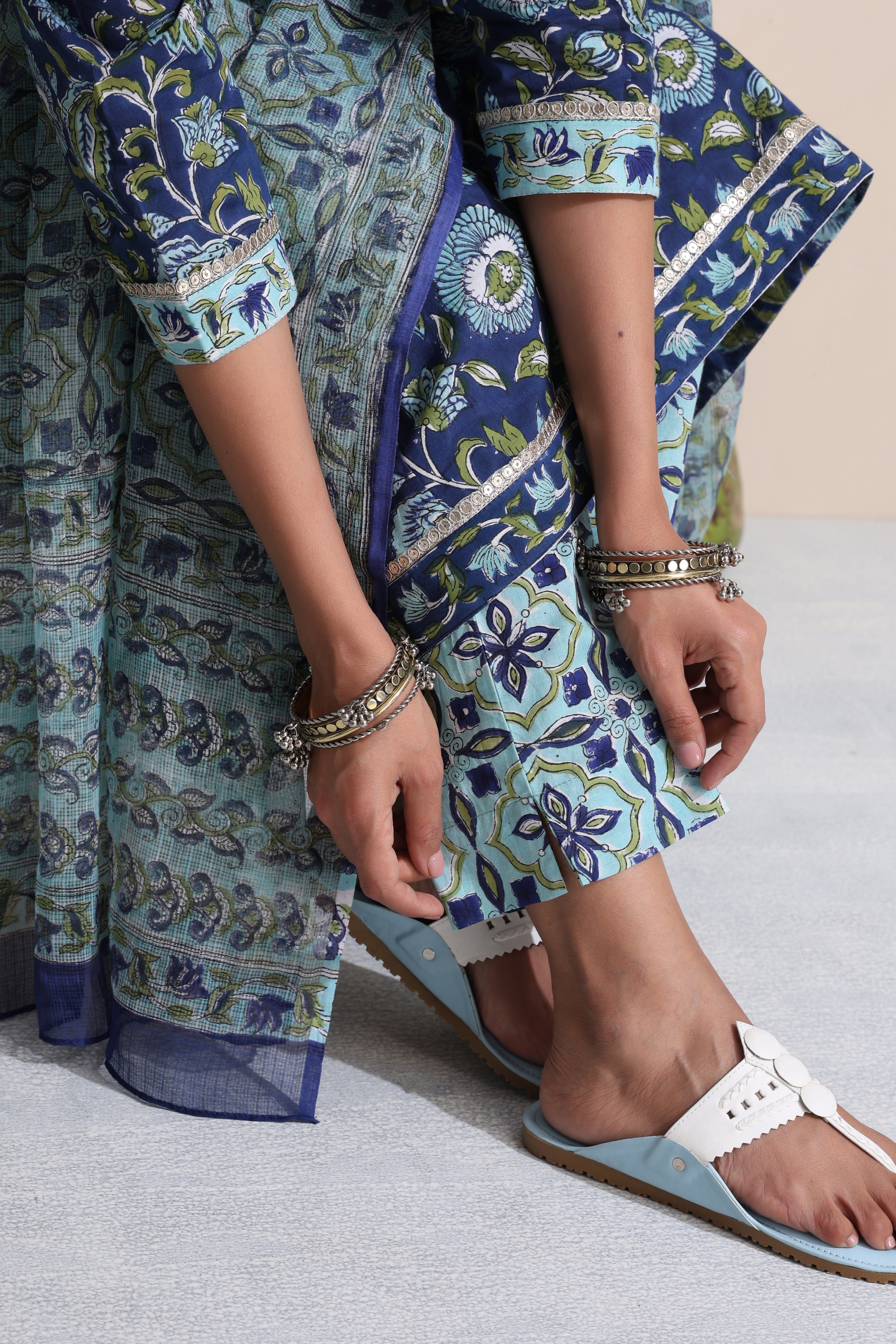 Blue Krista Pintucks Gathered Kurta Set of 3