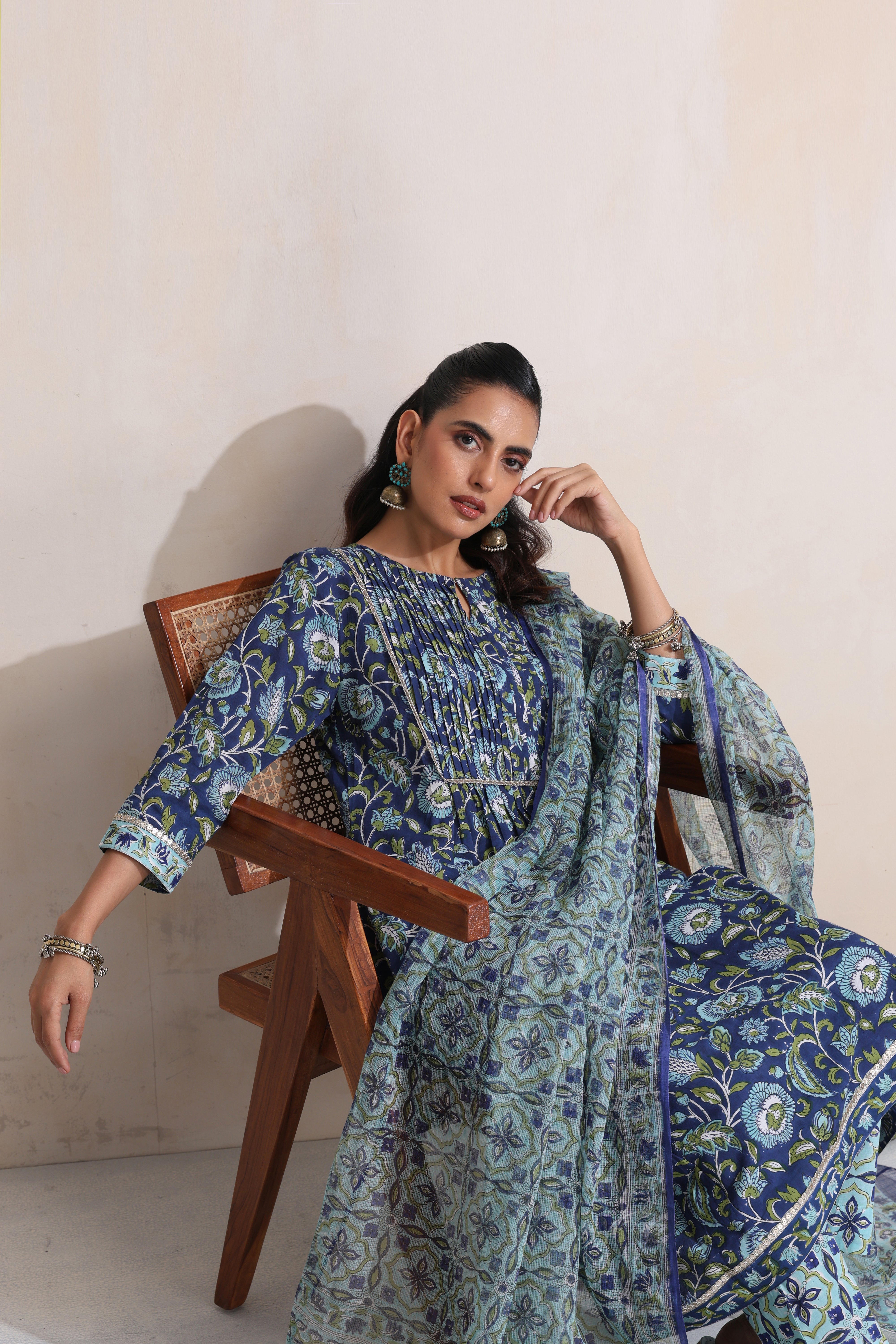 Blue Krista Pintucks Gathered Kurta Set of 3