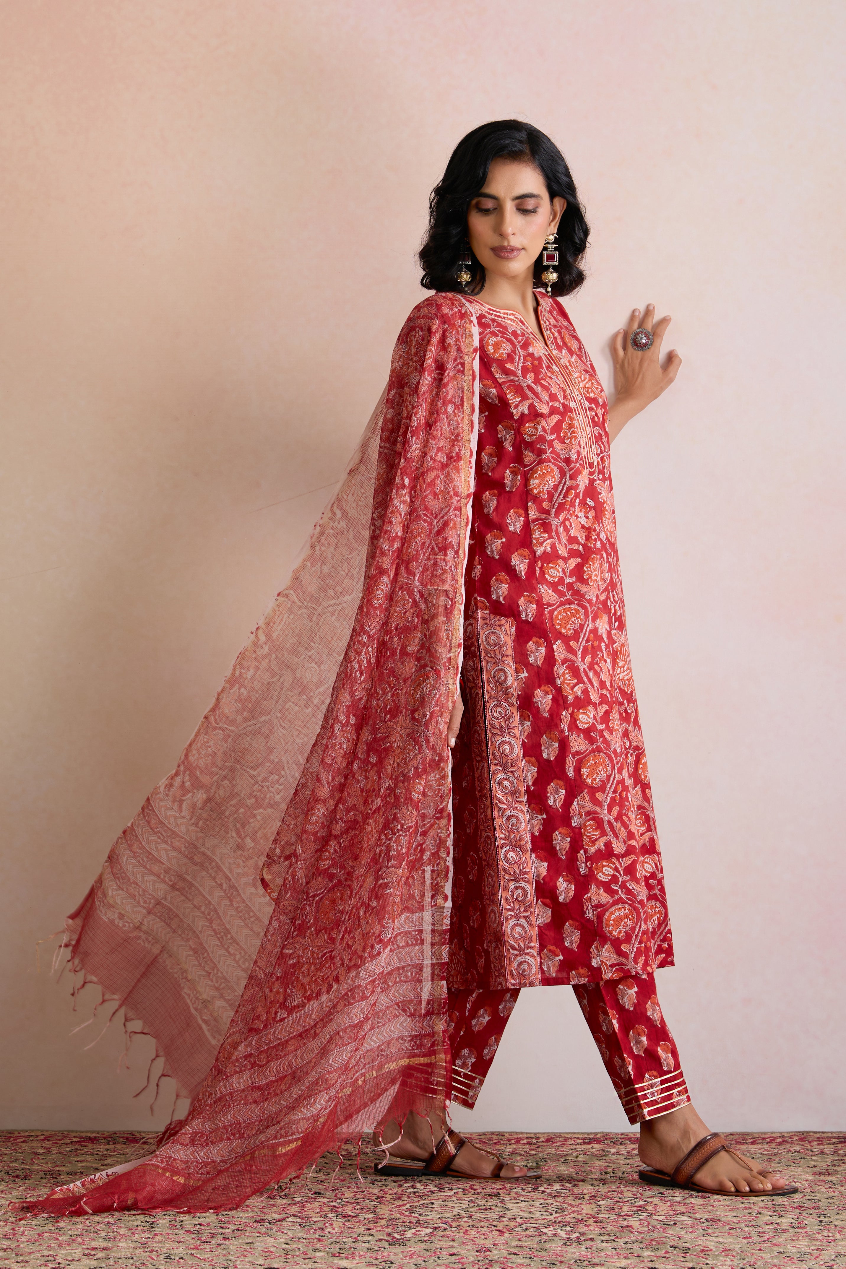 Red Rebecca Floral Kurta Set of 3