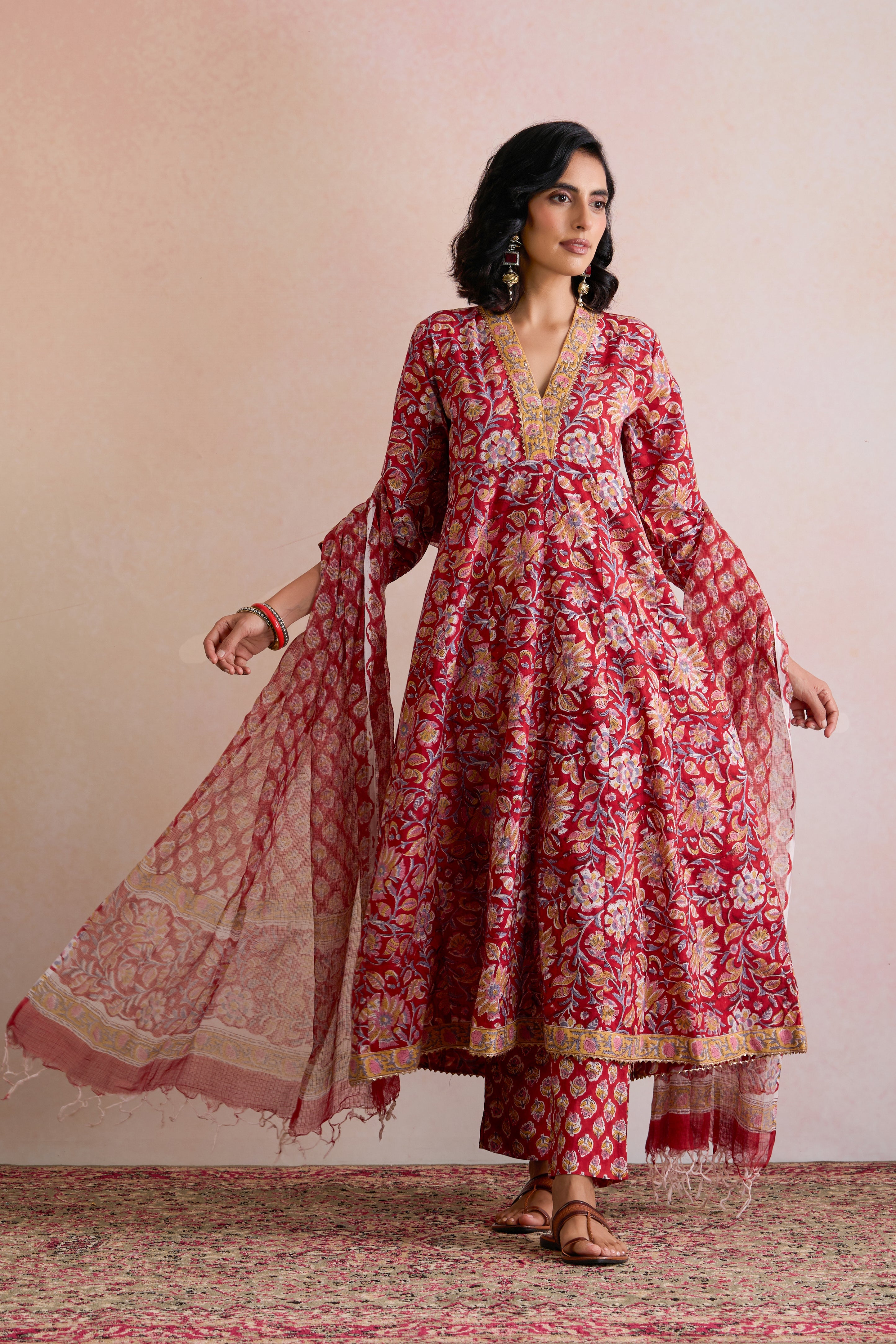 Red Shyla Embroidered Anarkali Kurta Set of 3