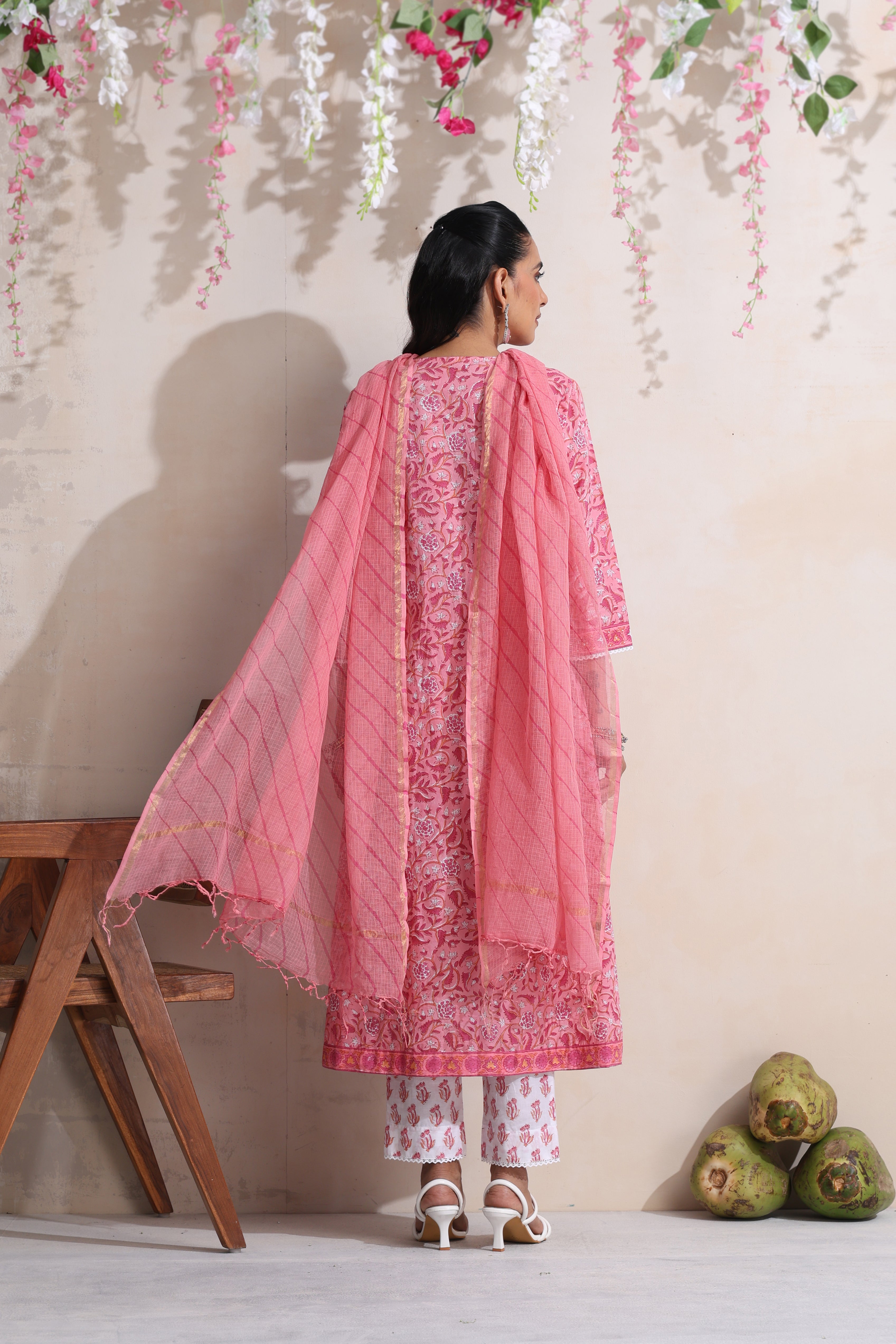 Pink Plumeria Pintucks Embroidered Kurta Set of 3