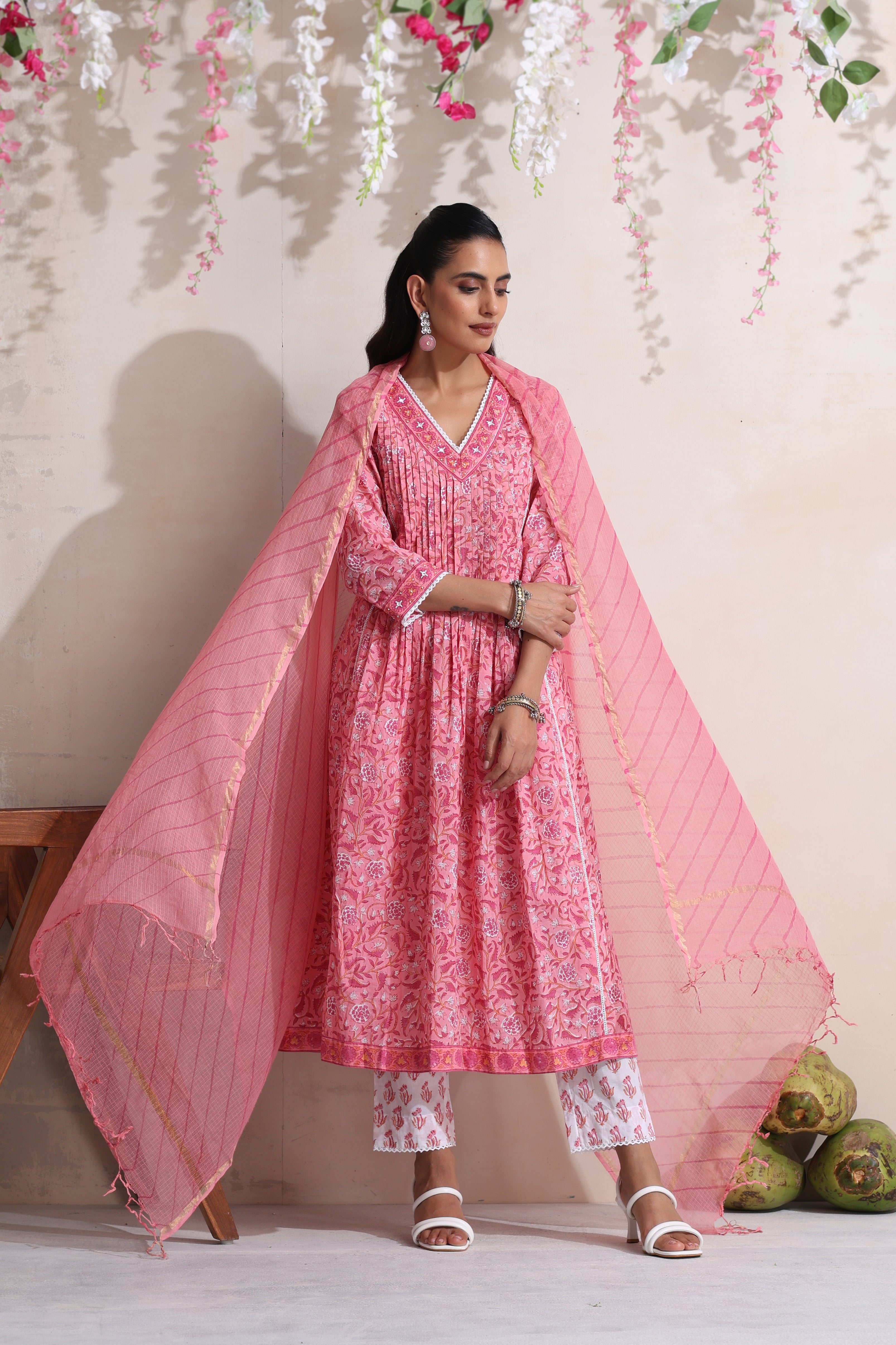 Pink Plumeria Pintucks Embroidered Kurta Set of 3