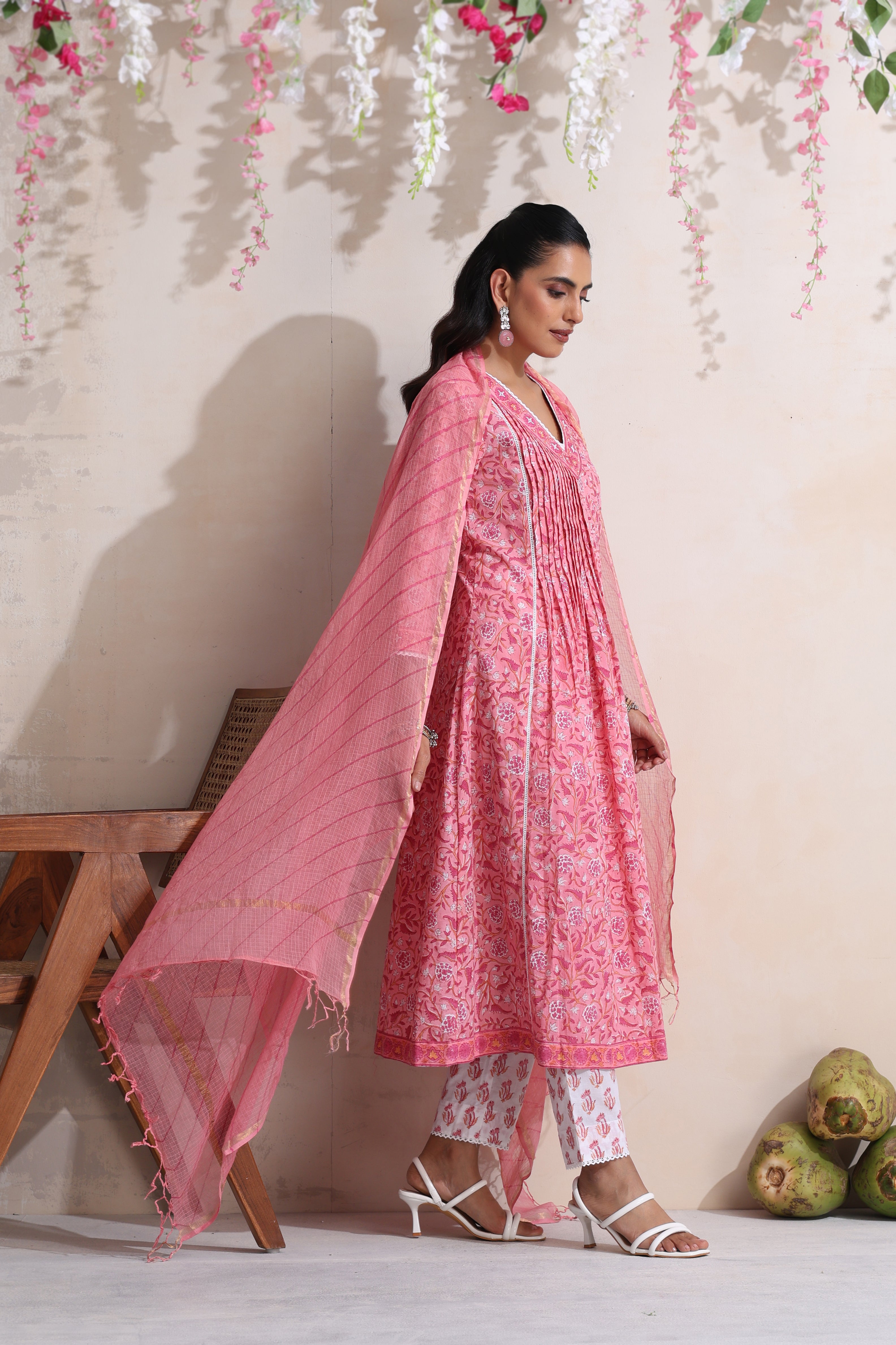 Pink Plumeria Pintucks Embroidered Kurta Set of 3