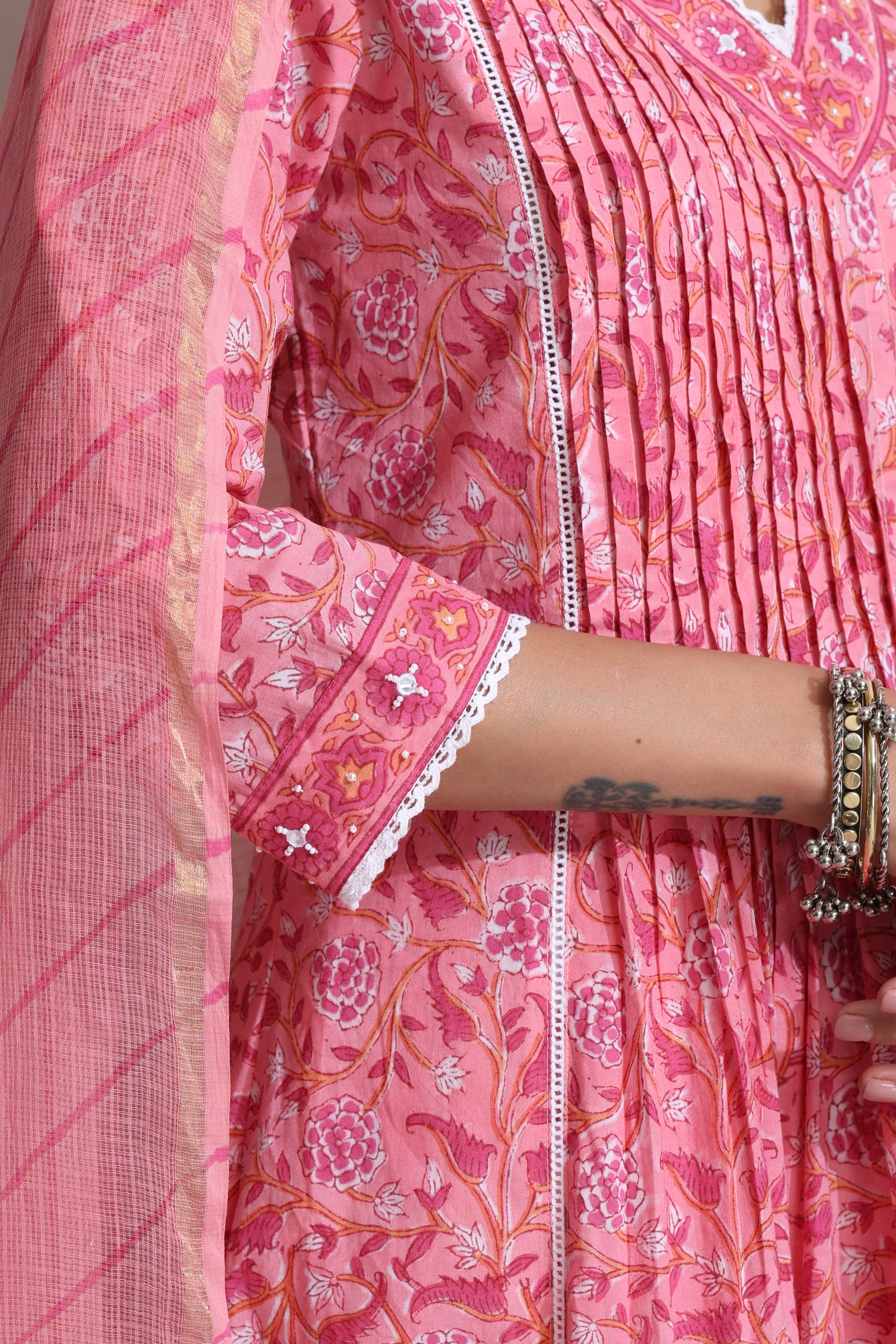 Pink Plumeria Pintucks Embroidered Kurta Set of 3