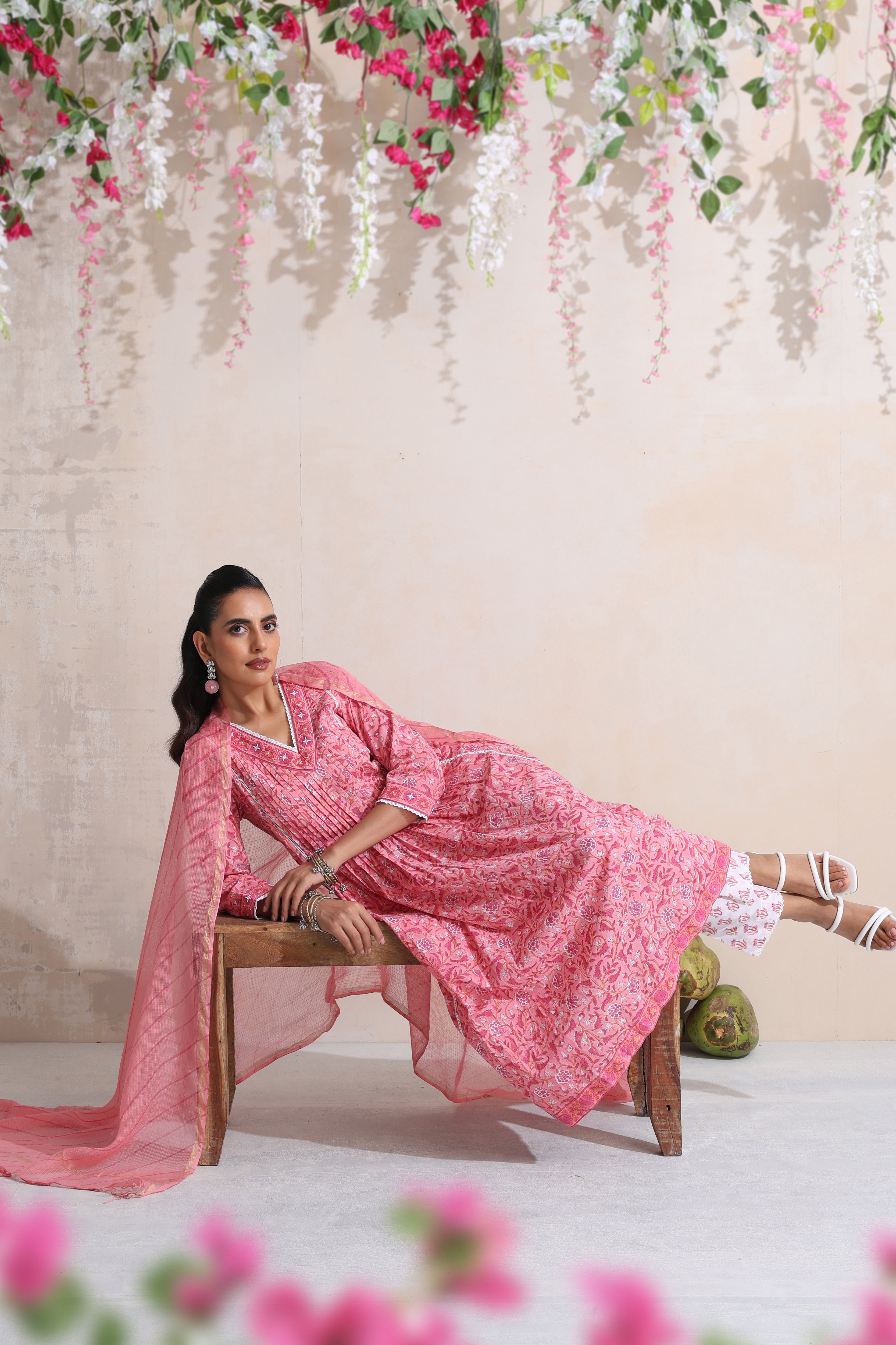 Pink Plumeria Pintucks Embroidered Kurta Set of 3