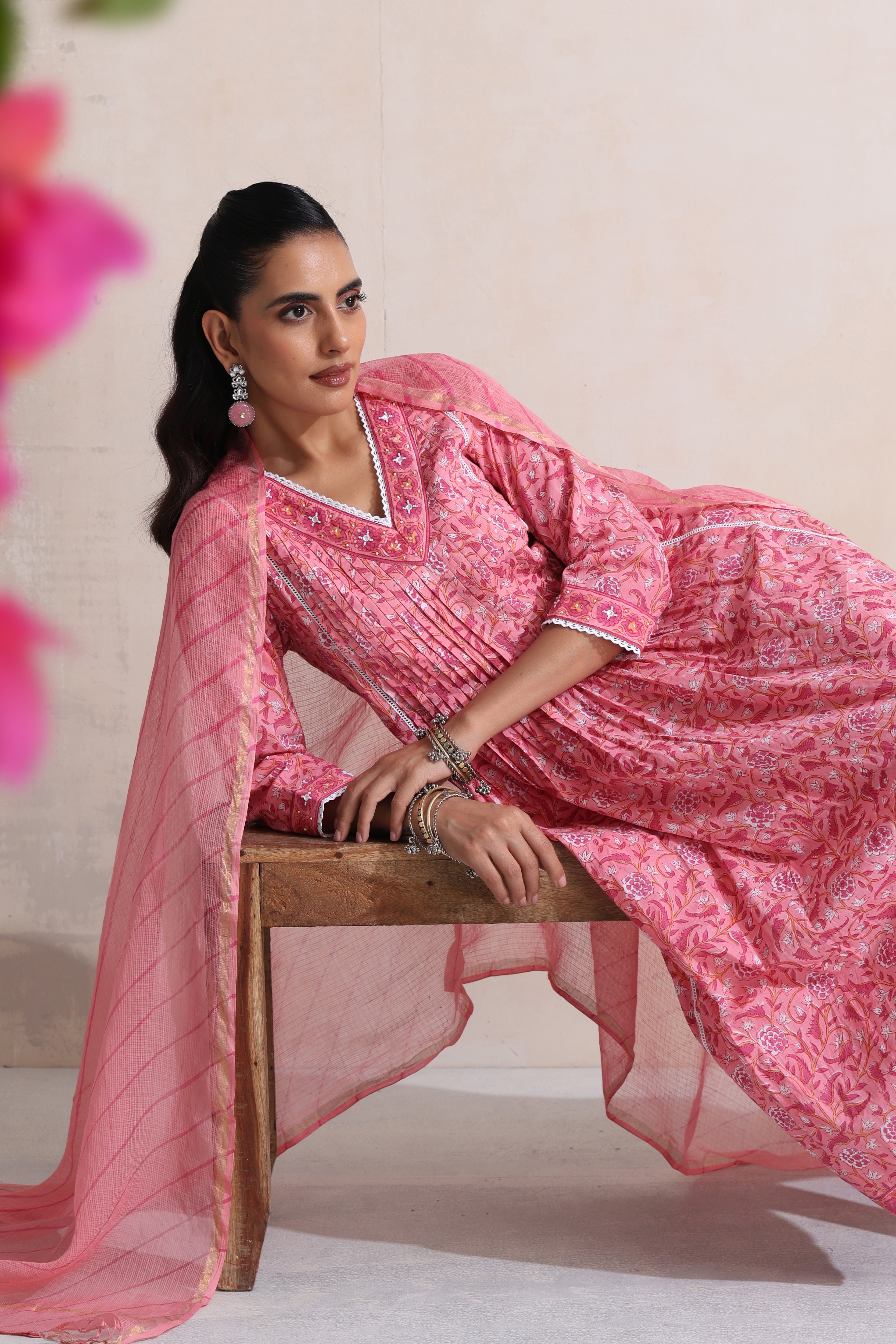 Pink Plumeria Pintucks Embroidered Kurta Set of 3