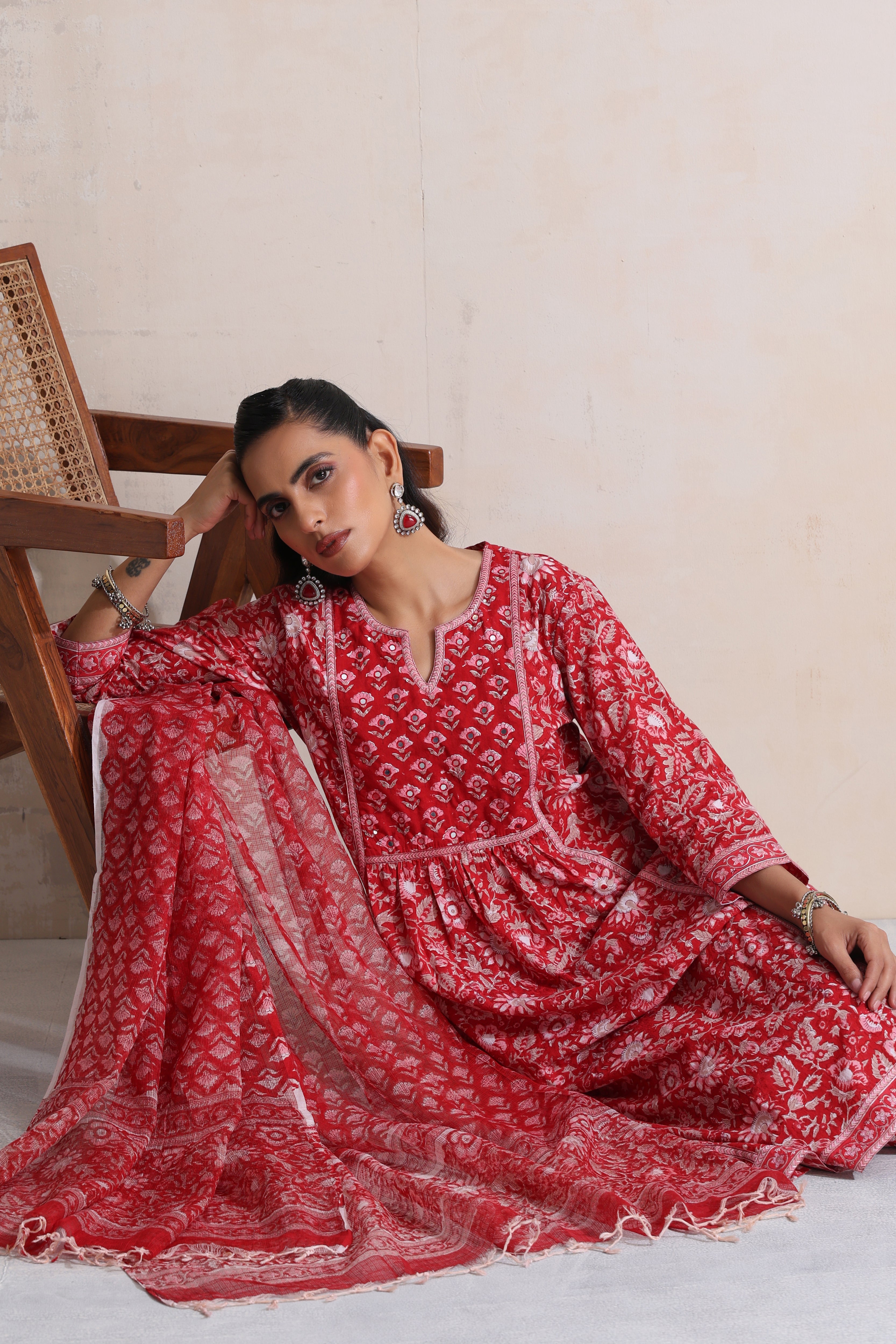 Red Regina Embroidered Kurta Set of 3