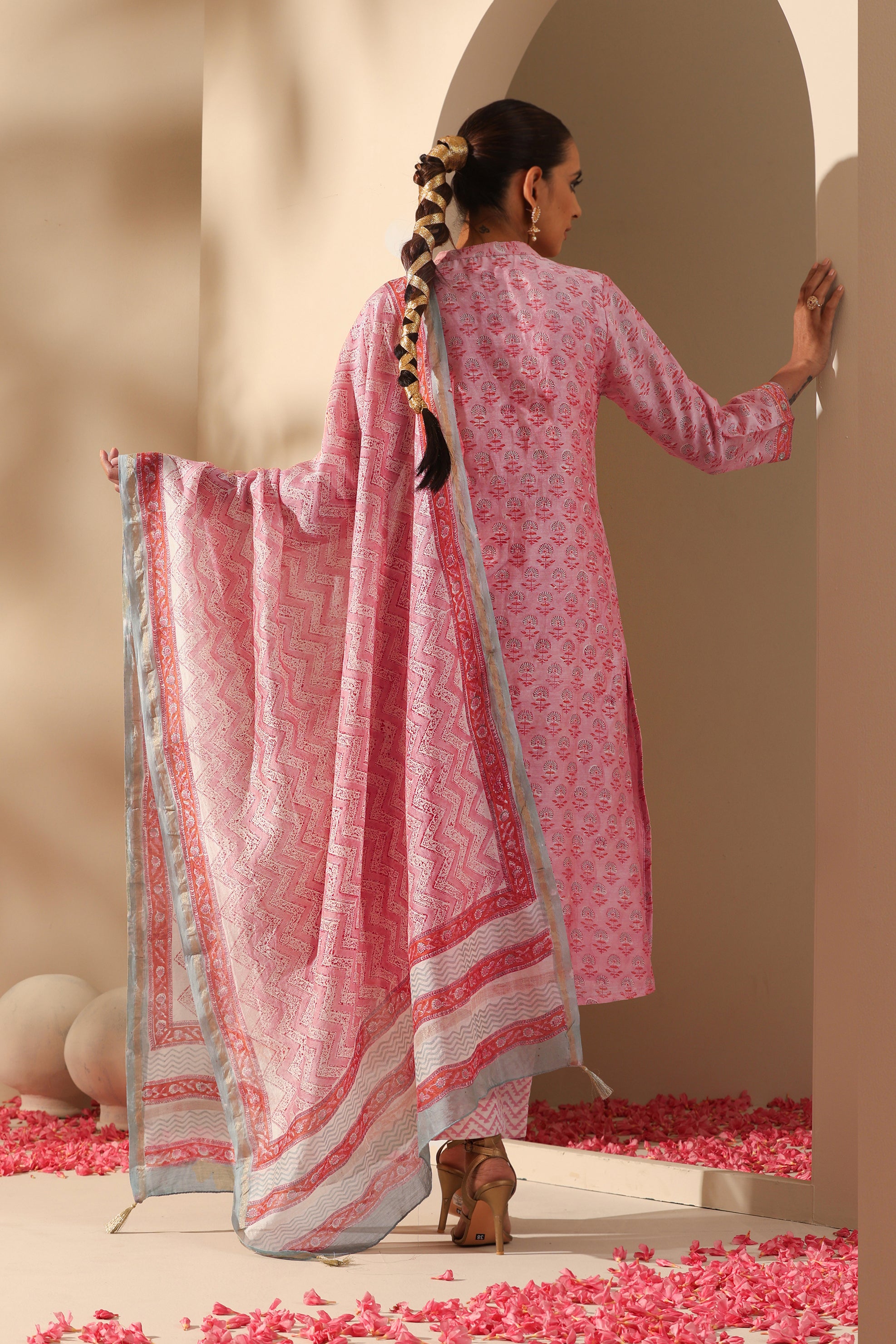 Rose Pink Mirrorwork Chanderi Kurta Set of 3