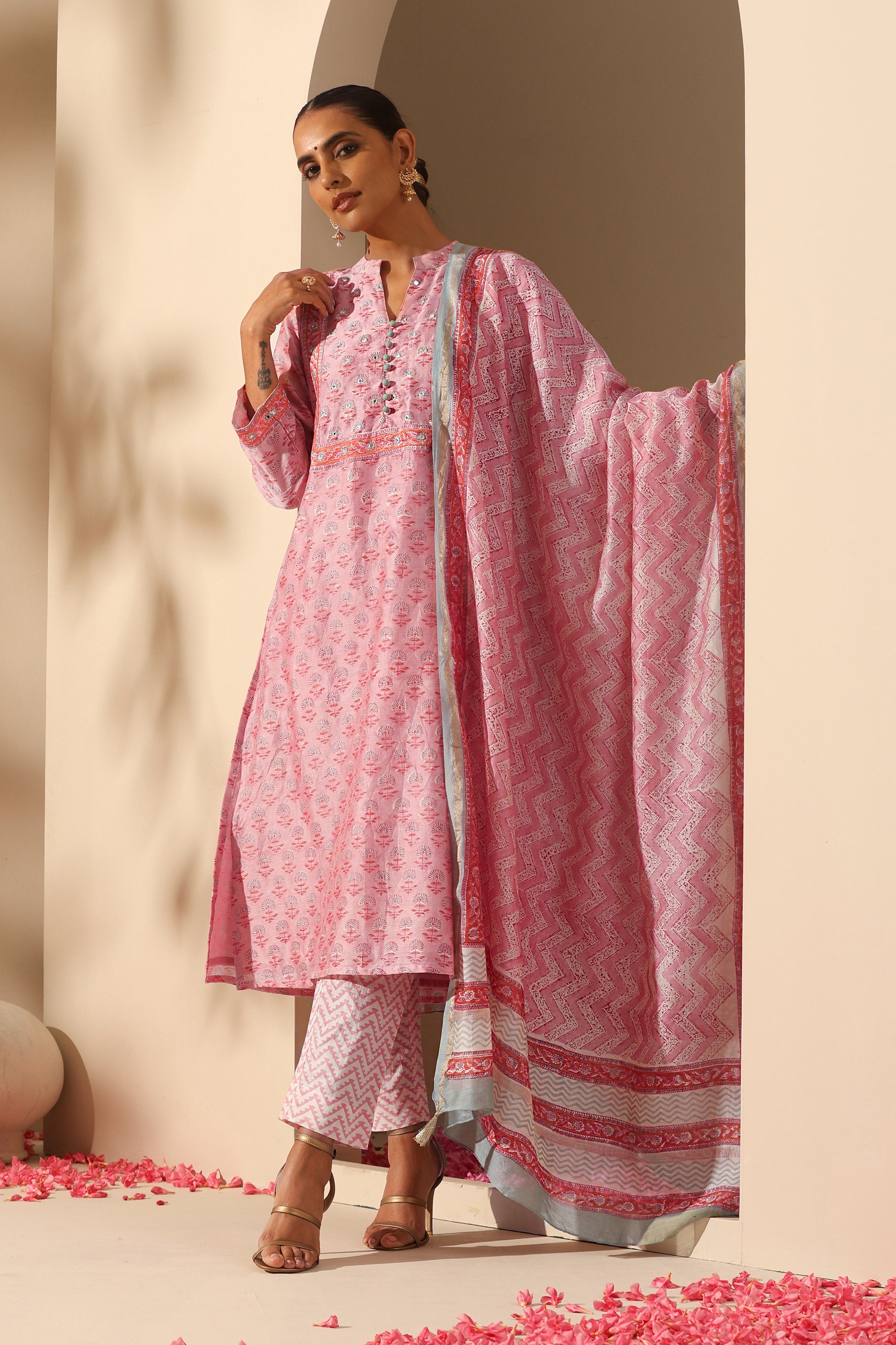 Rose Pink Mirrorwork Chanderi Kurta Set of 3