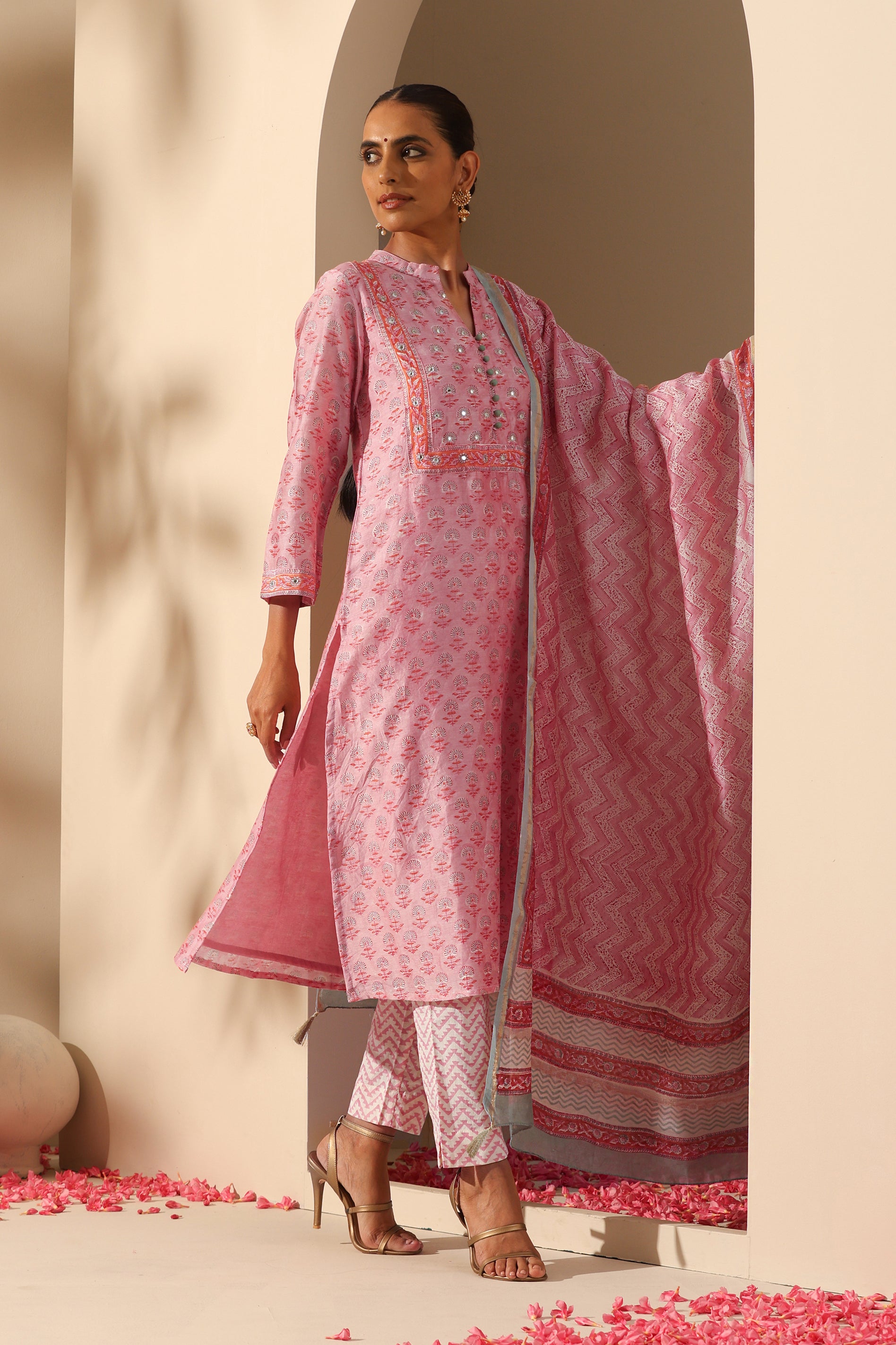 Rose Pink Mirrorwork Chanderi Kurta Set of 3
