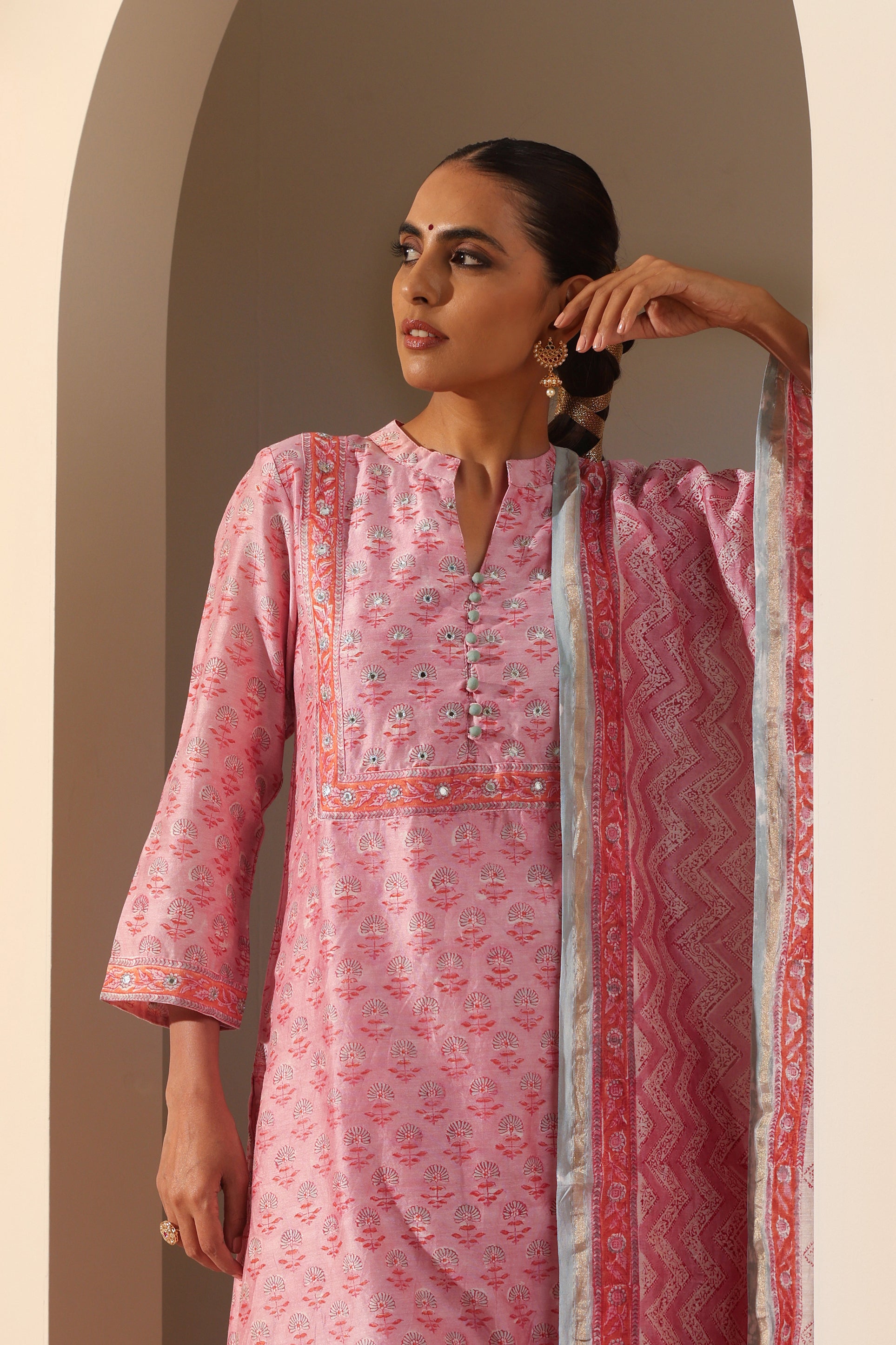 Rose Pink Mirrorwork Chanderi Kurta Set of 3