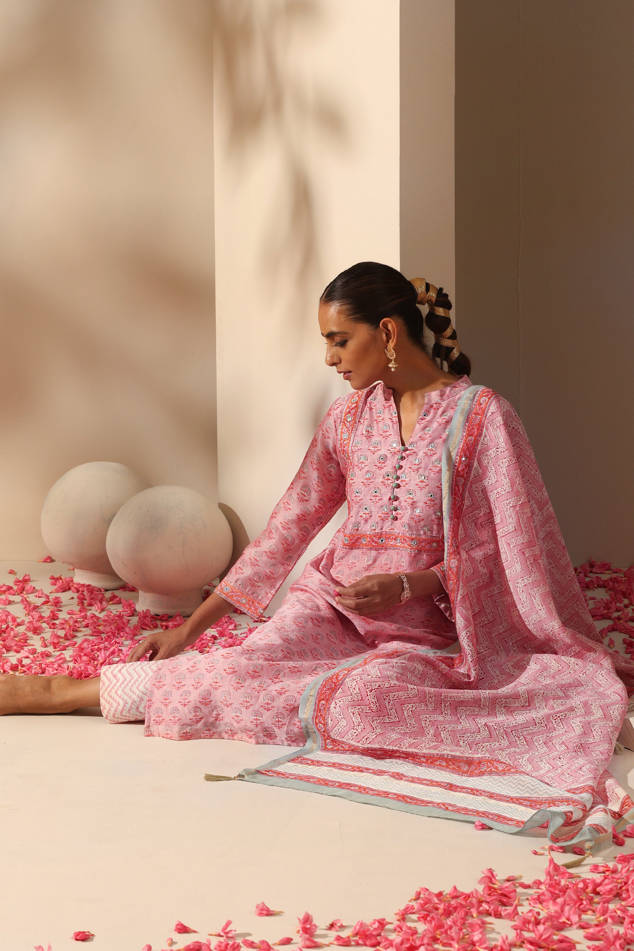 Rose Pink Mirrorwork Chanderi Kurta Set of 3