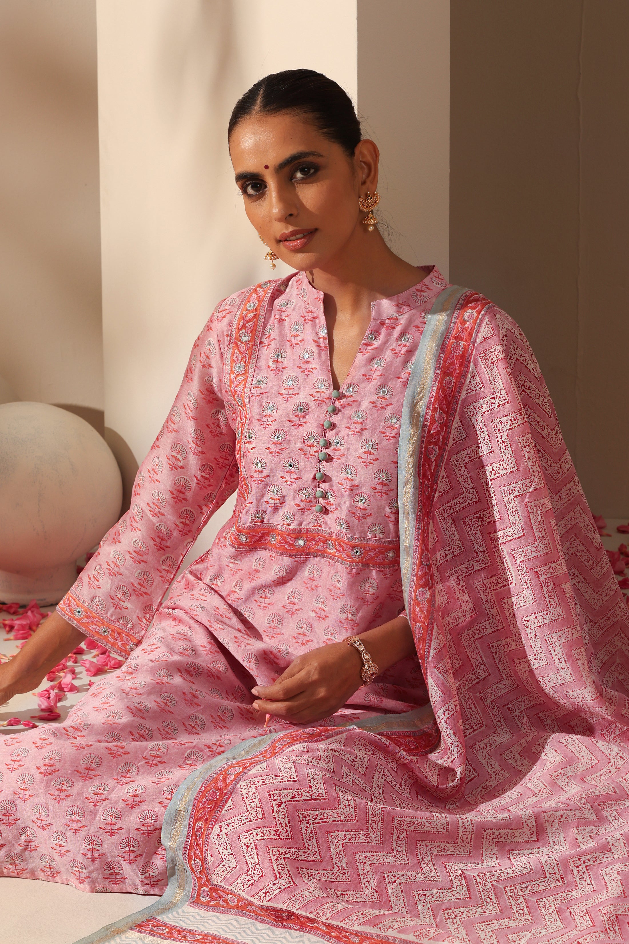 Rose Pink Mirrorwork Chanderi Kurta Set of 3
