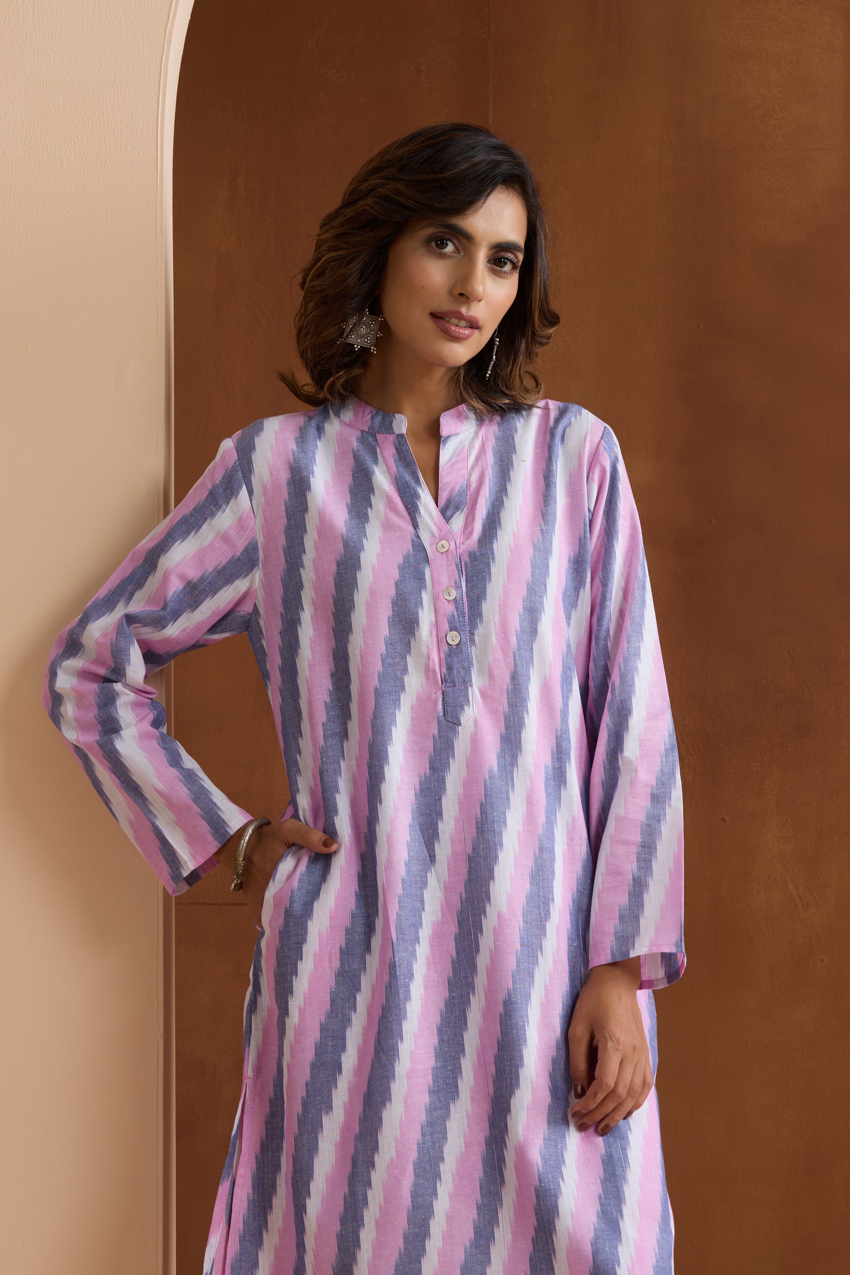 Delicate Pink Ikat Handloom Cotton Kurta Set of 2