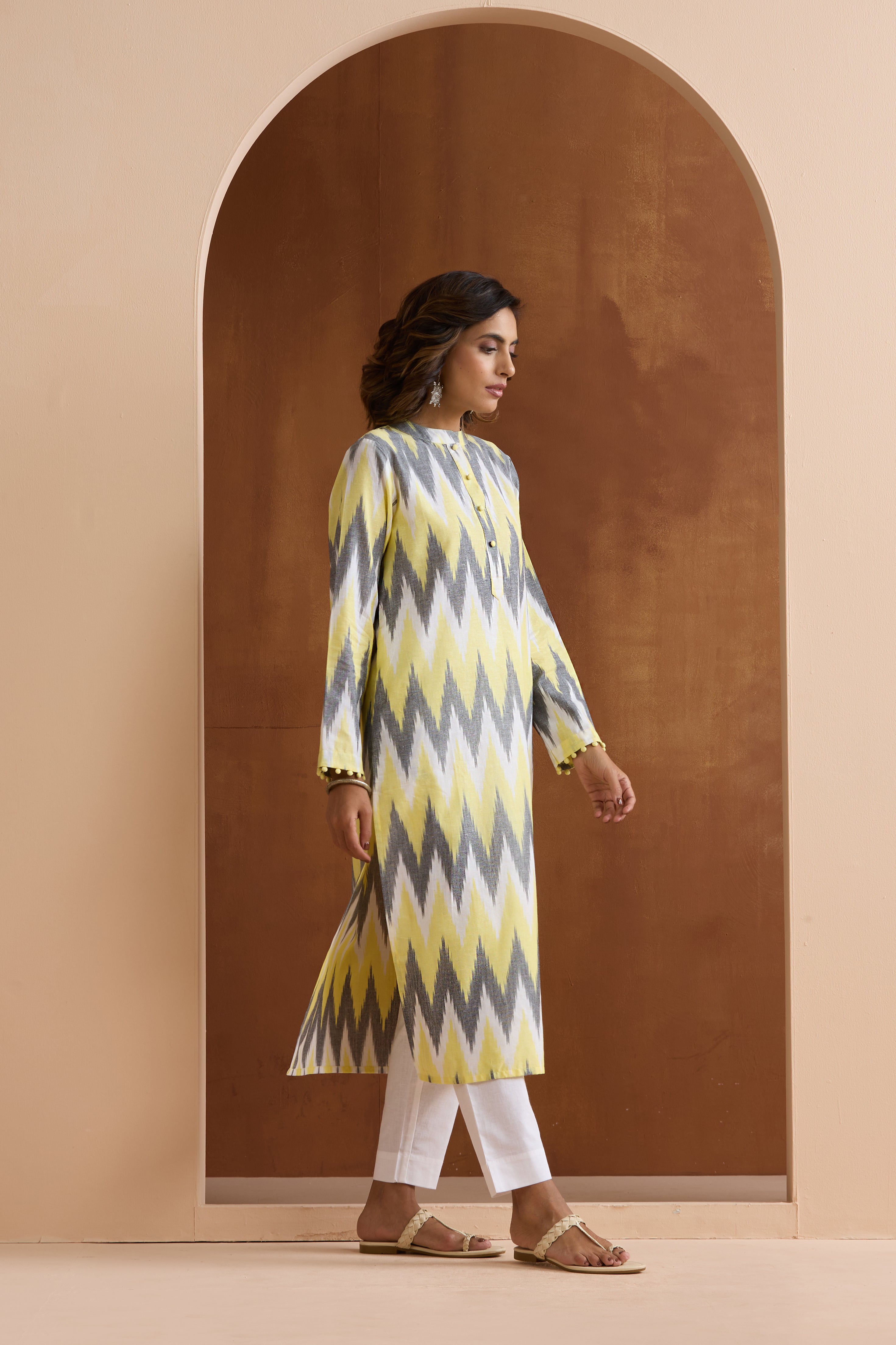 Yellow Posie Ikat Handloom Cotton Kurta