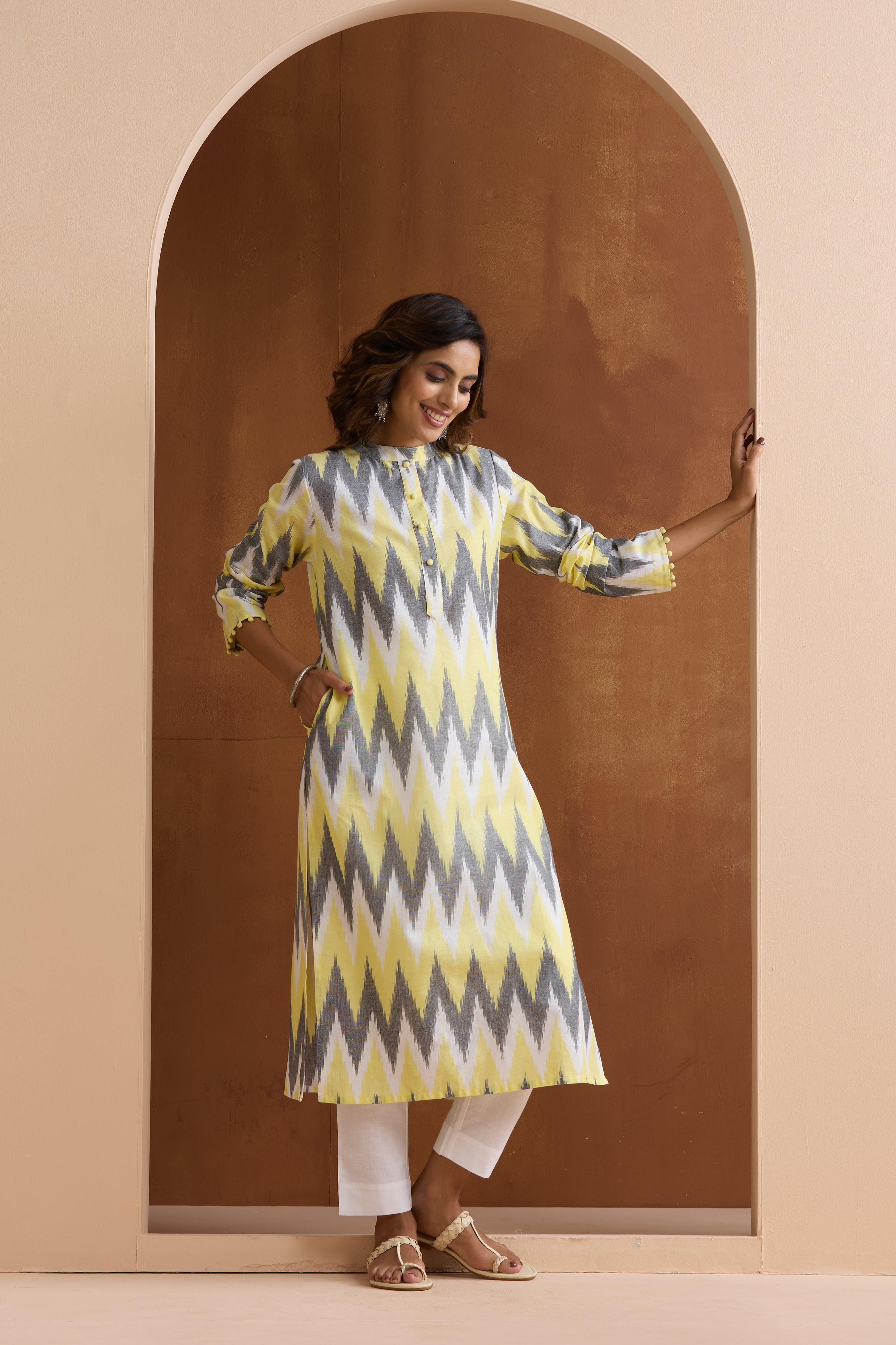 Yellow Posie Ikat Handloom Cotton Kurta