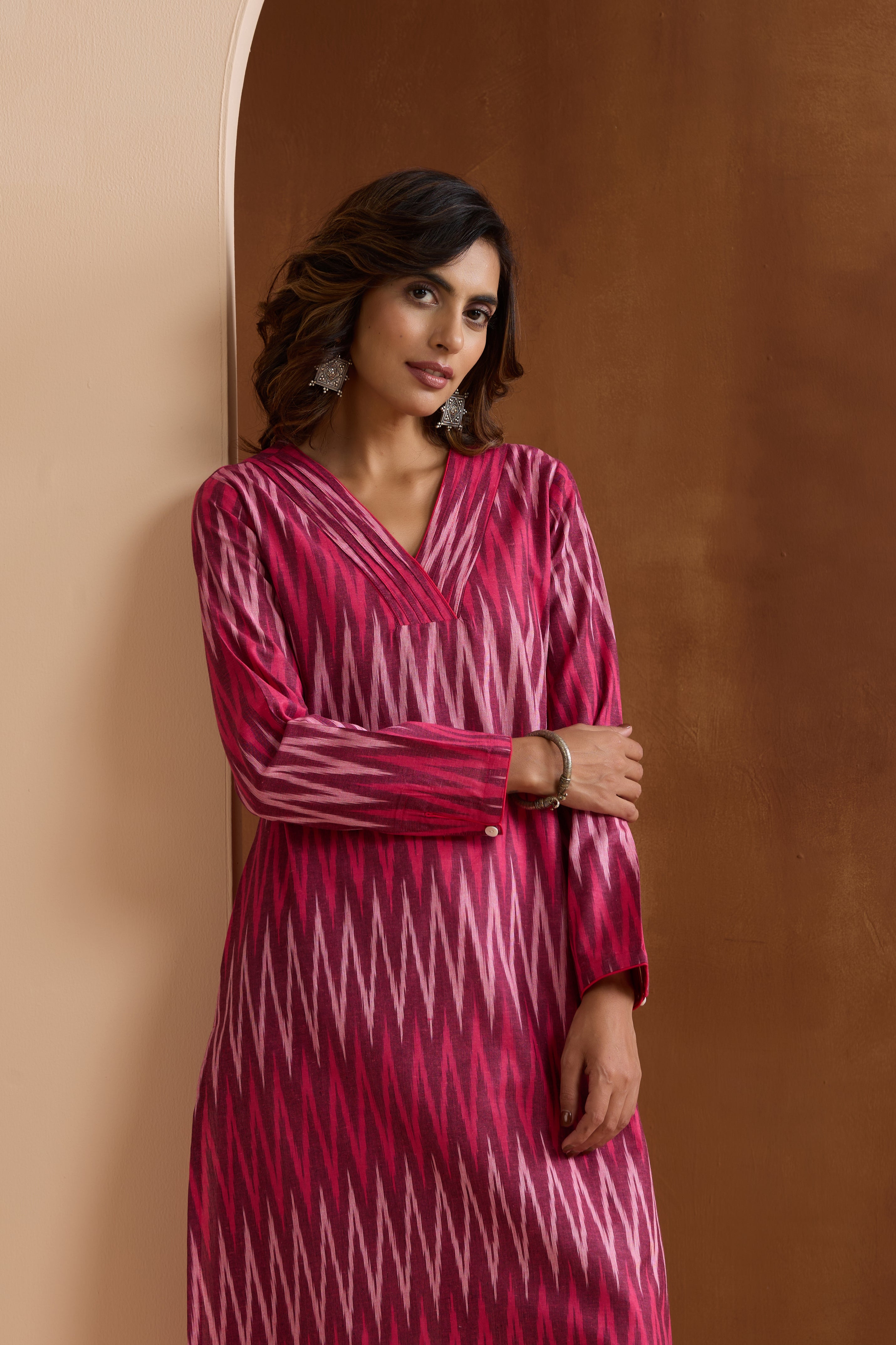 Maroon Carmine Ikat Handloom Cotton Kurta Set of 2