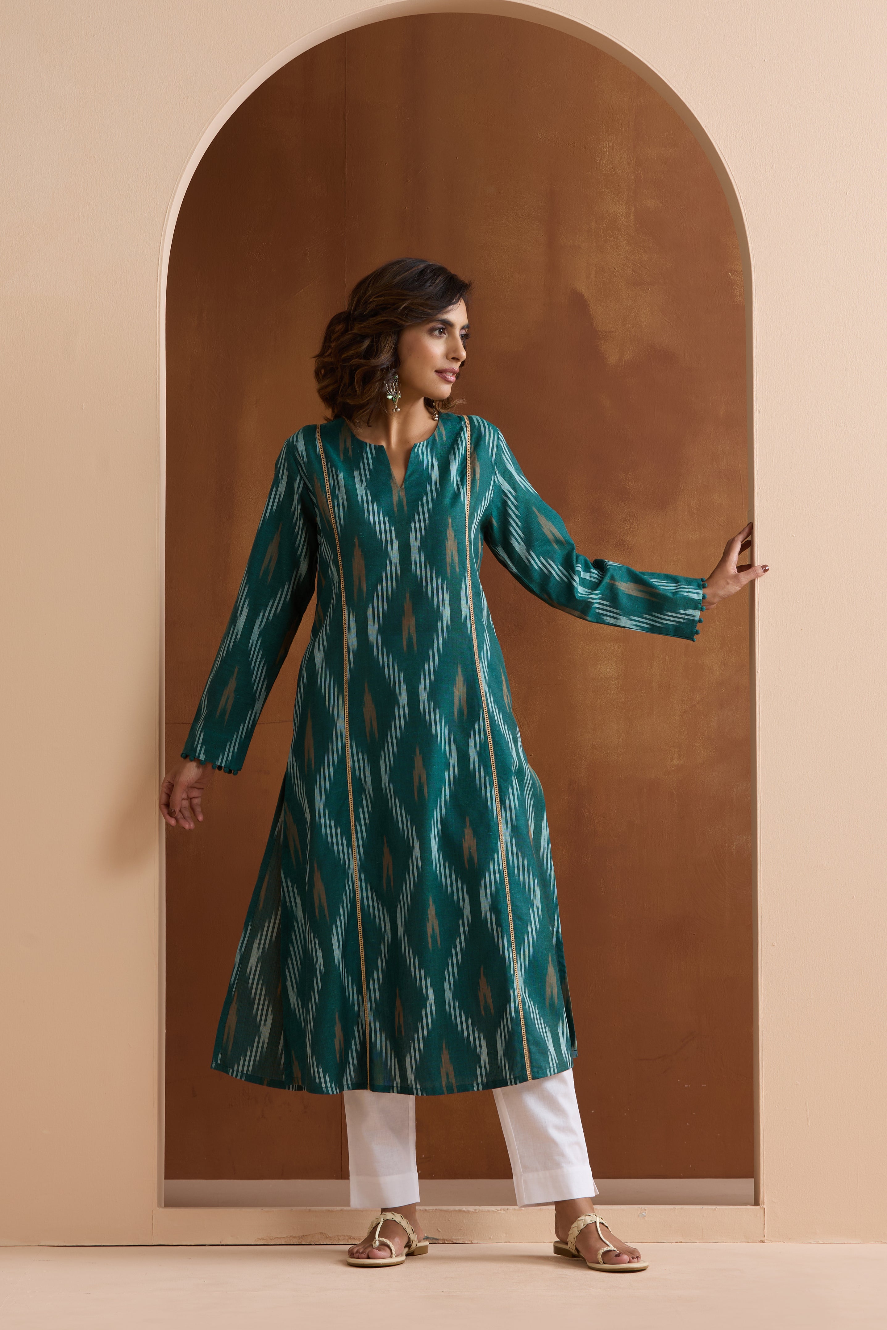 Green Gracie Ikat Handloom Cotton Kurta Set of 2