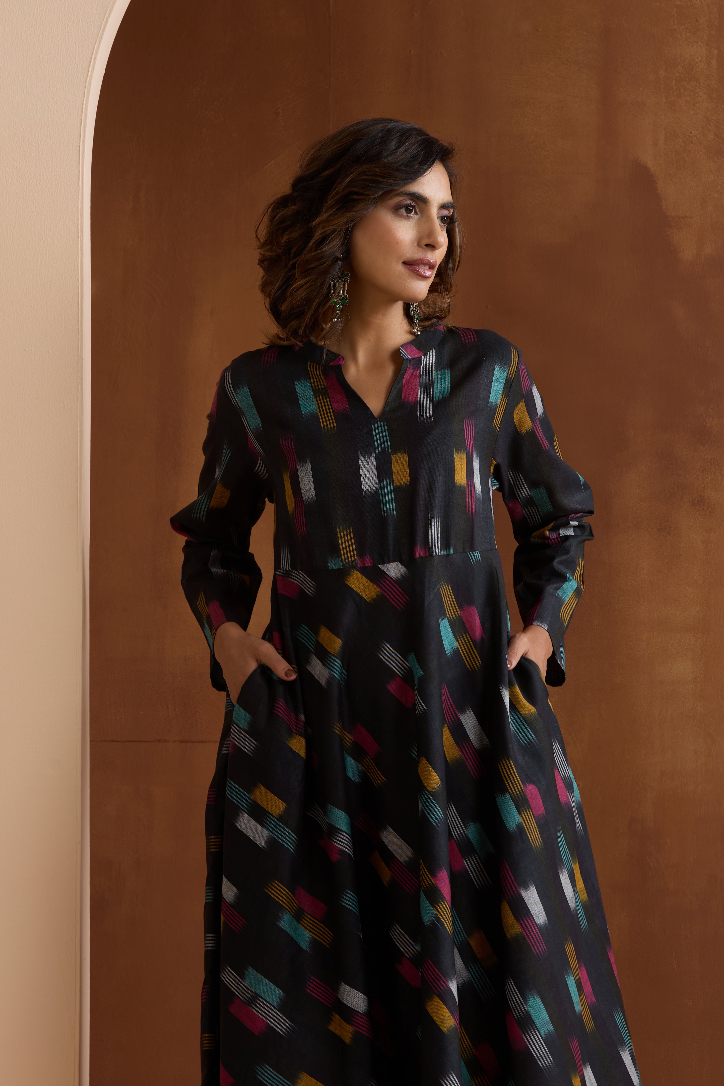 Ebony Black Ikat Handloom Cotton Anarkali Set of 2