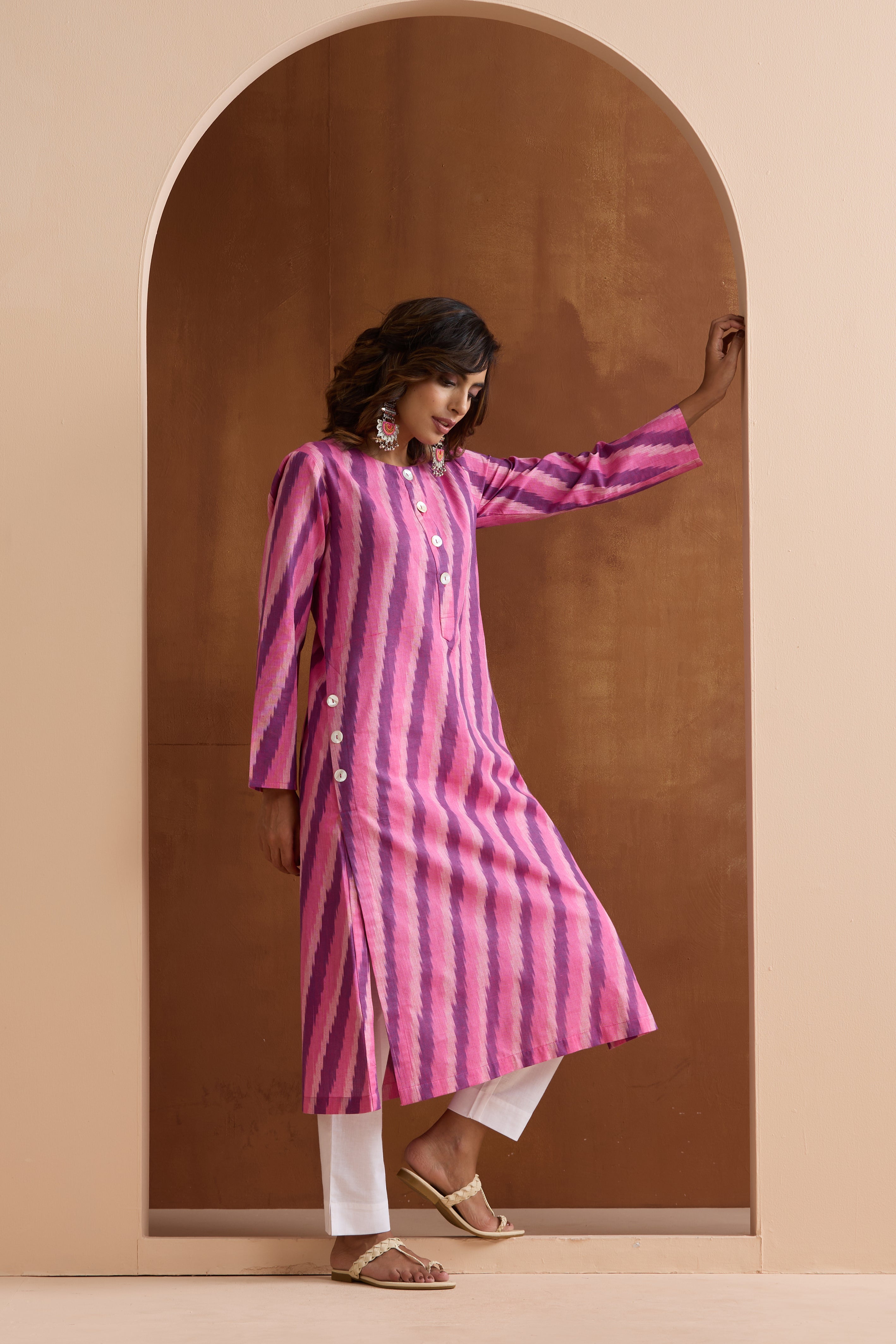 Pink Rosie Ikat Handloom Cotton Kurta