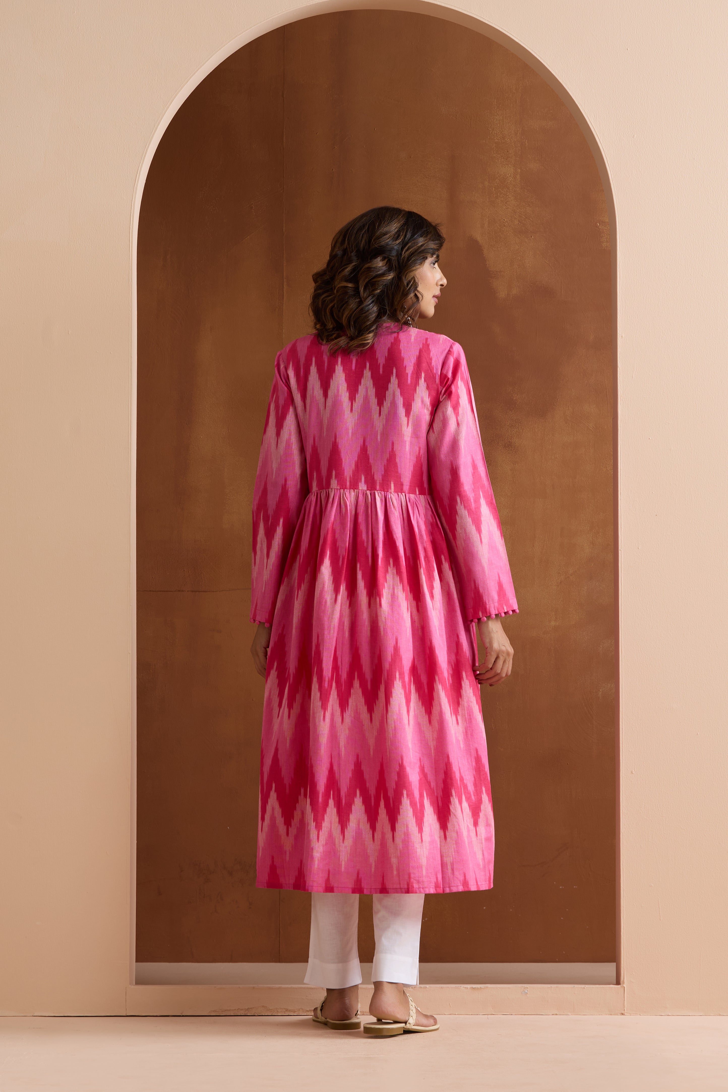 Pink Averie Ikat Handloom Cotton Anarkali Kurta