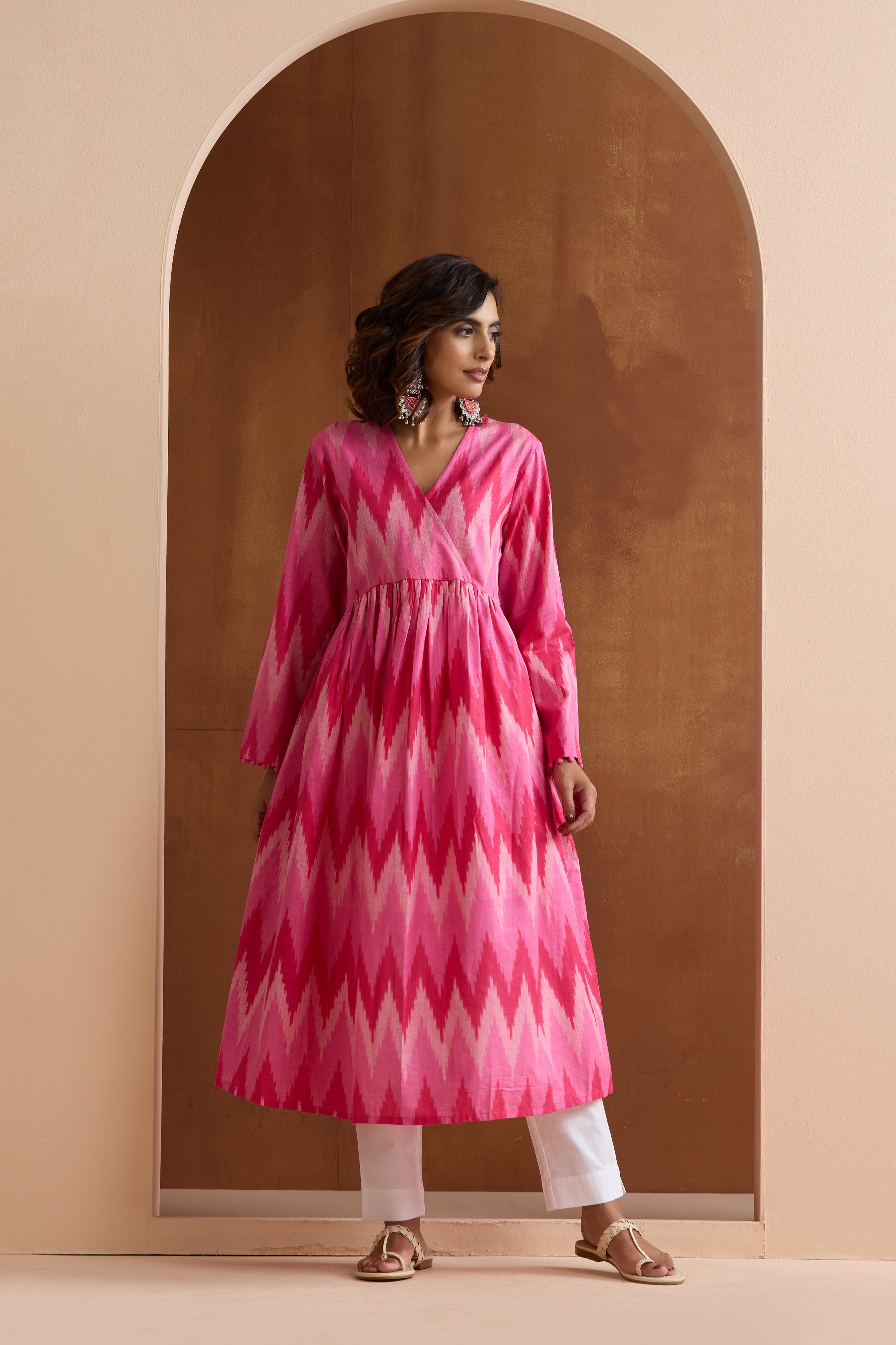 Pink Averie Ikat Handloom Cotton Anarkali Kurta