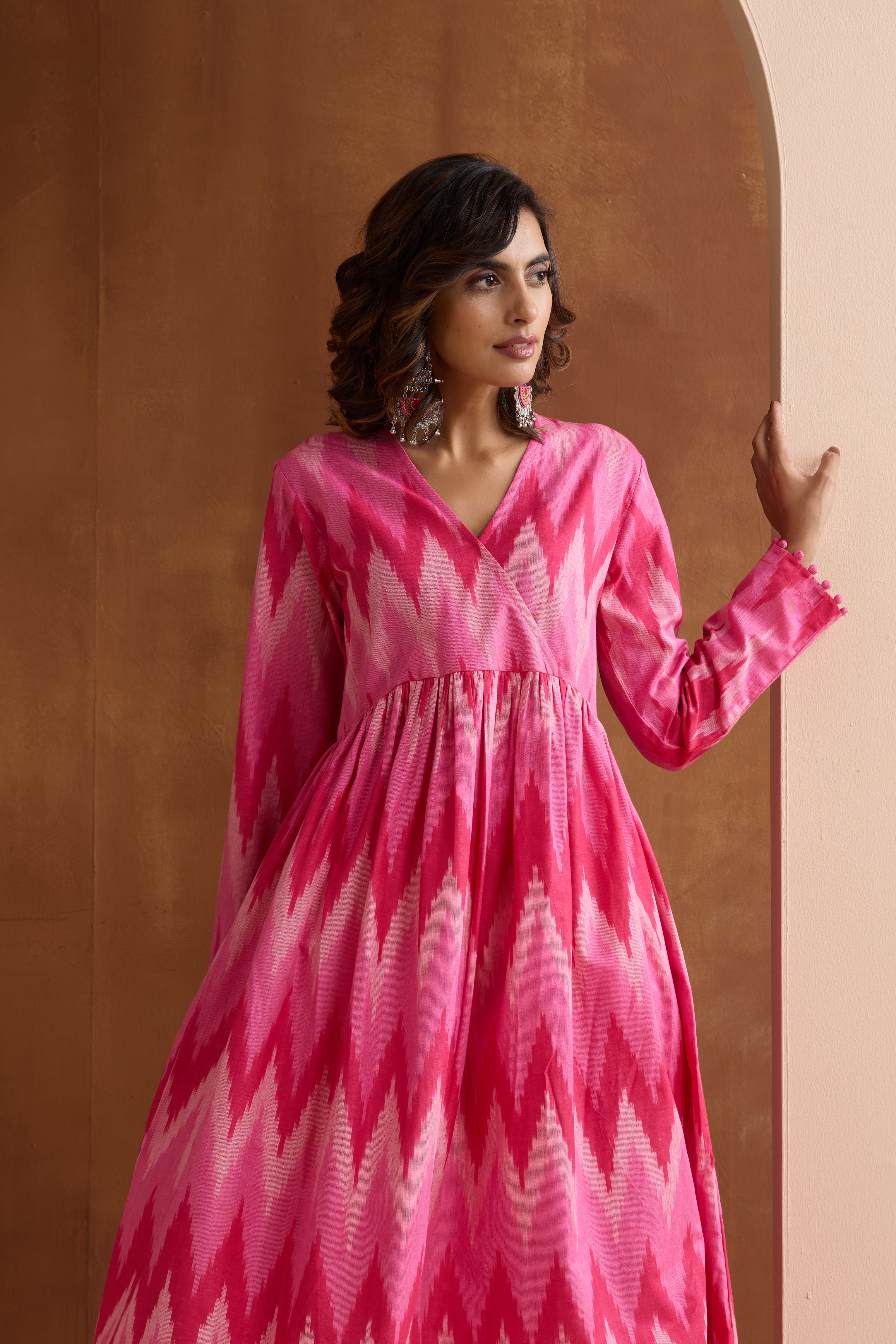 Pink Averie Ikat Handloom Cotton Anarkali Kurta