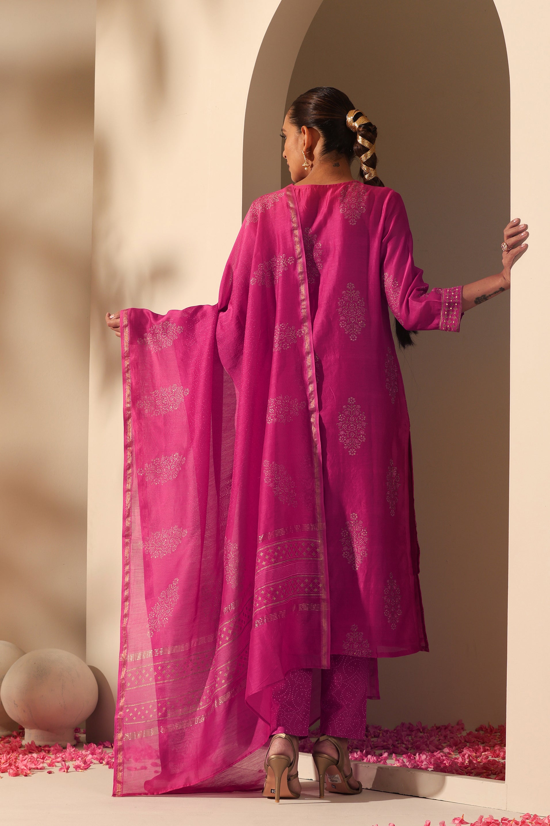 Viva Magenta Embroidered Chanderi Kurta Set of 3