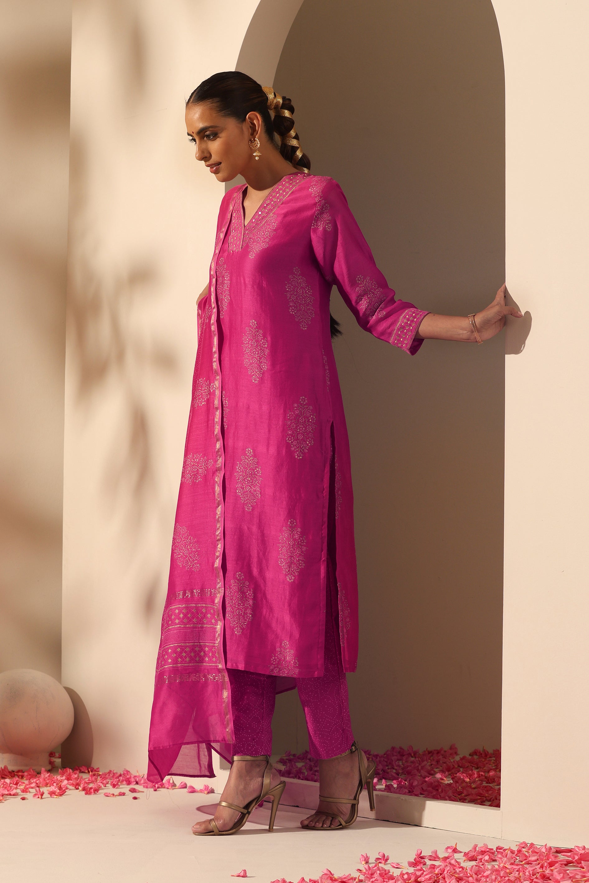 Viva Magenta Embroidered Chanderi Kurta Set of 3