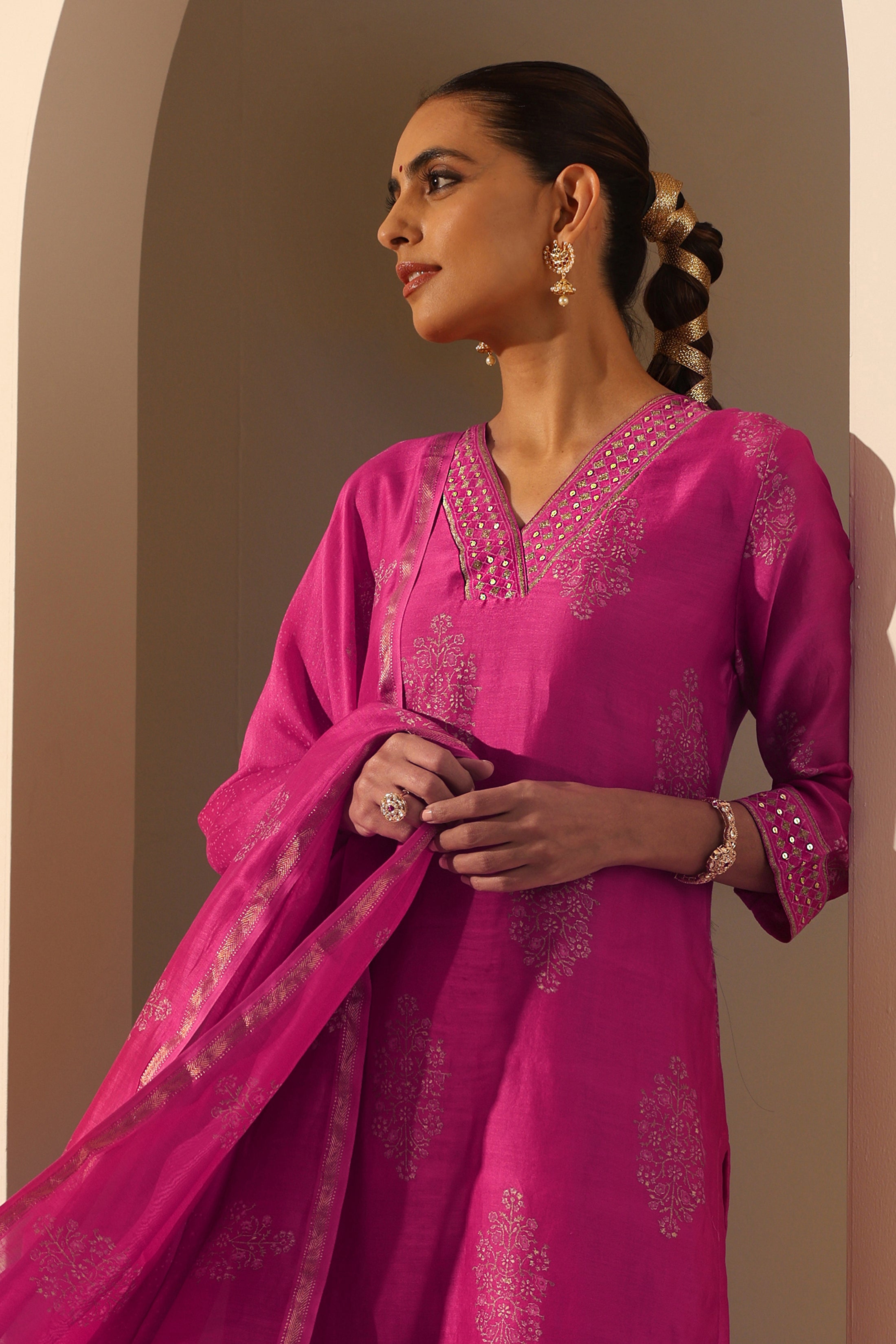 Viva Magenta Embroidered Chanderi Kurta Set of 3