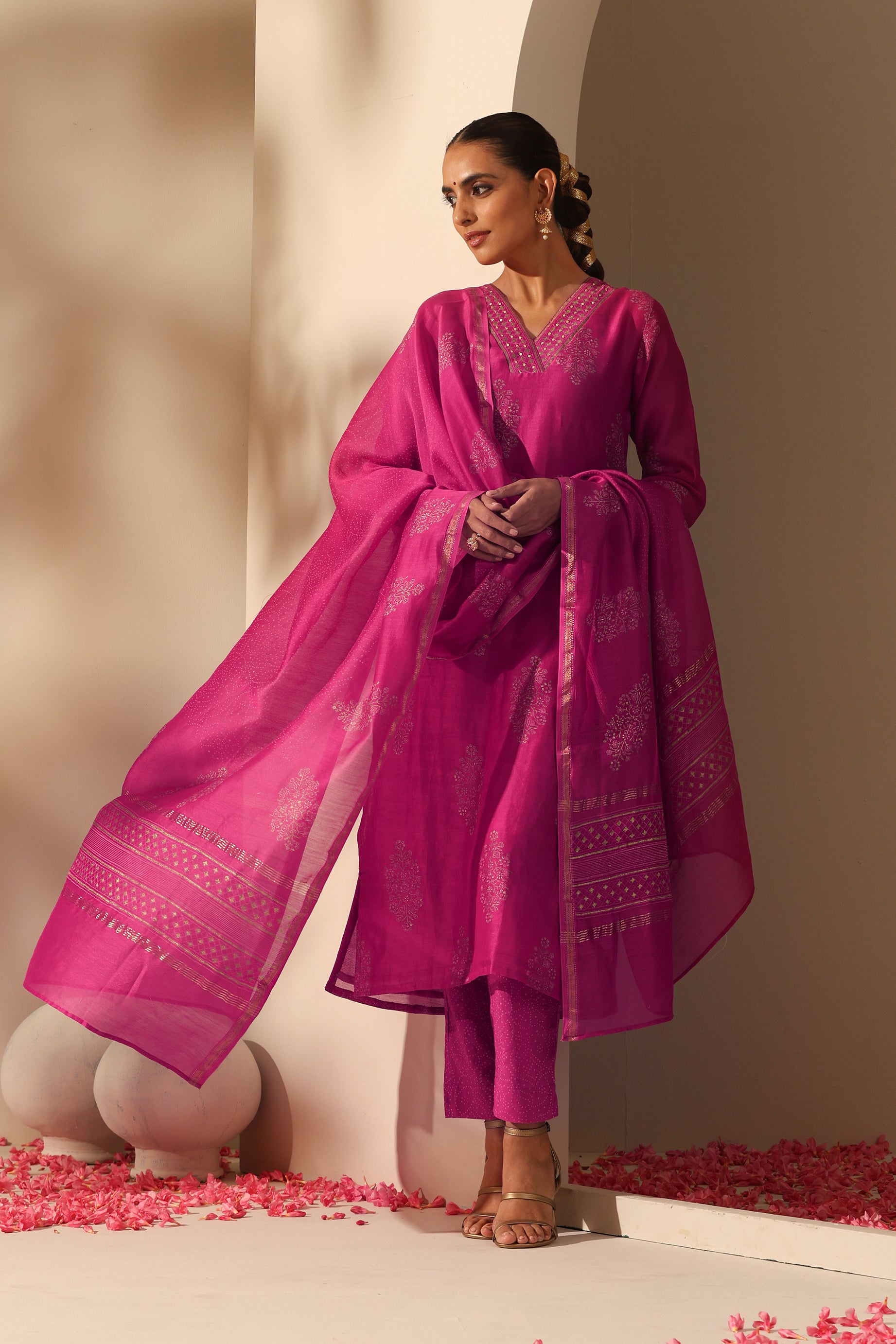 Viva Magenta Embroidered Chanderi Kurta Set of 3