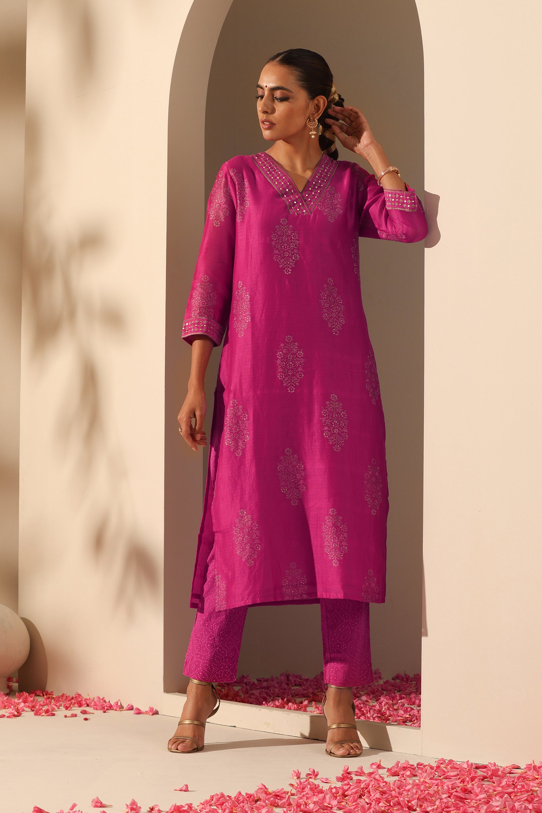 Viva Magenta Embroidered Chanderi Kurta Set of 3