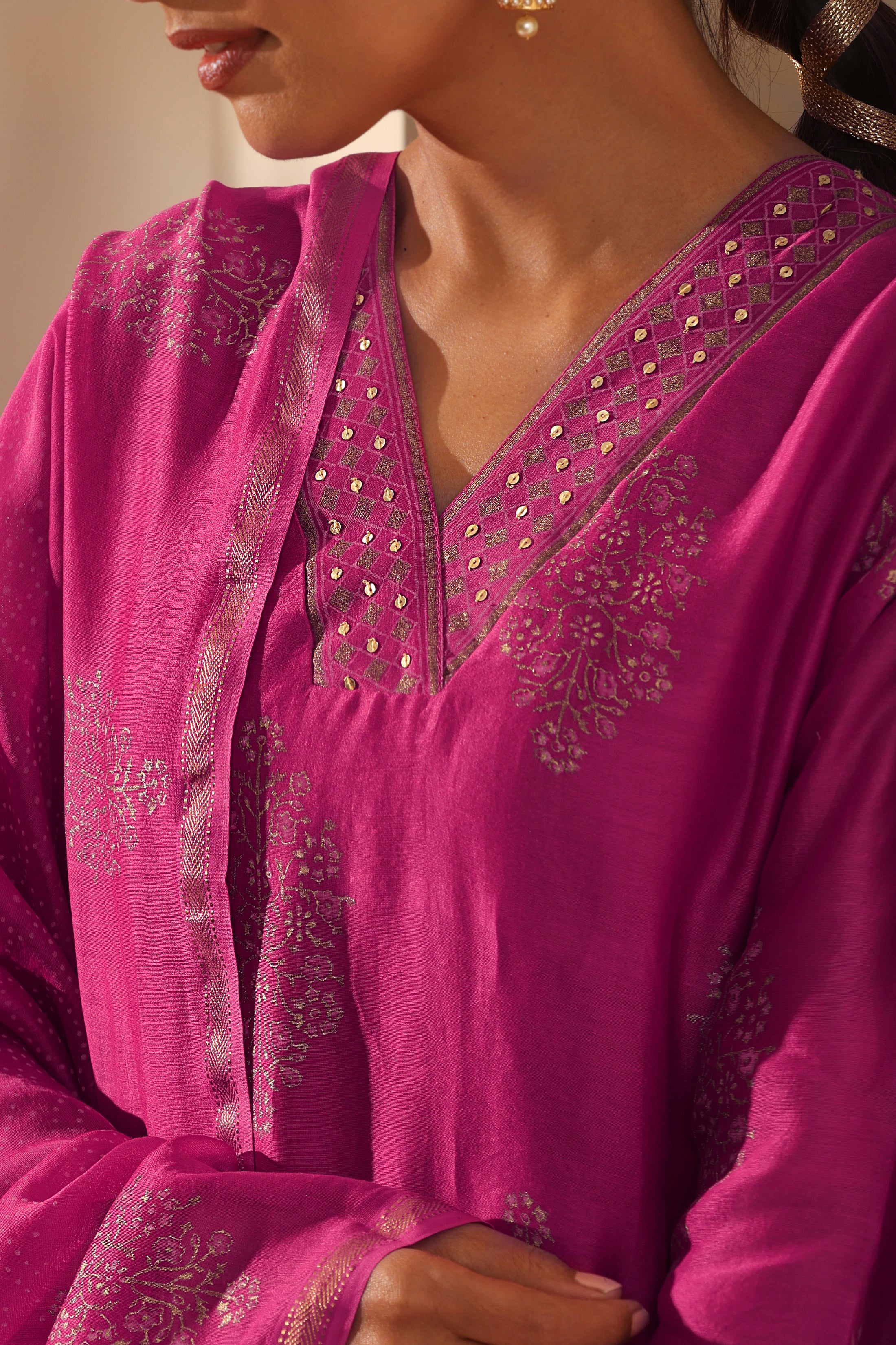 Viva Magenta Embroidered Chanderi Kurta Set of 3