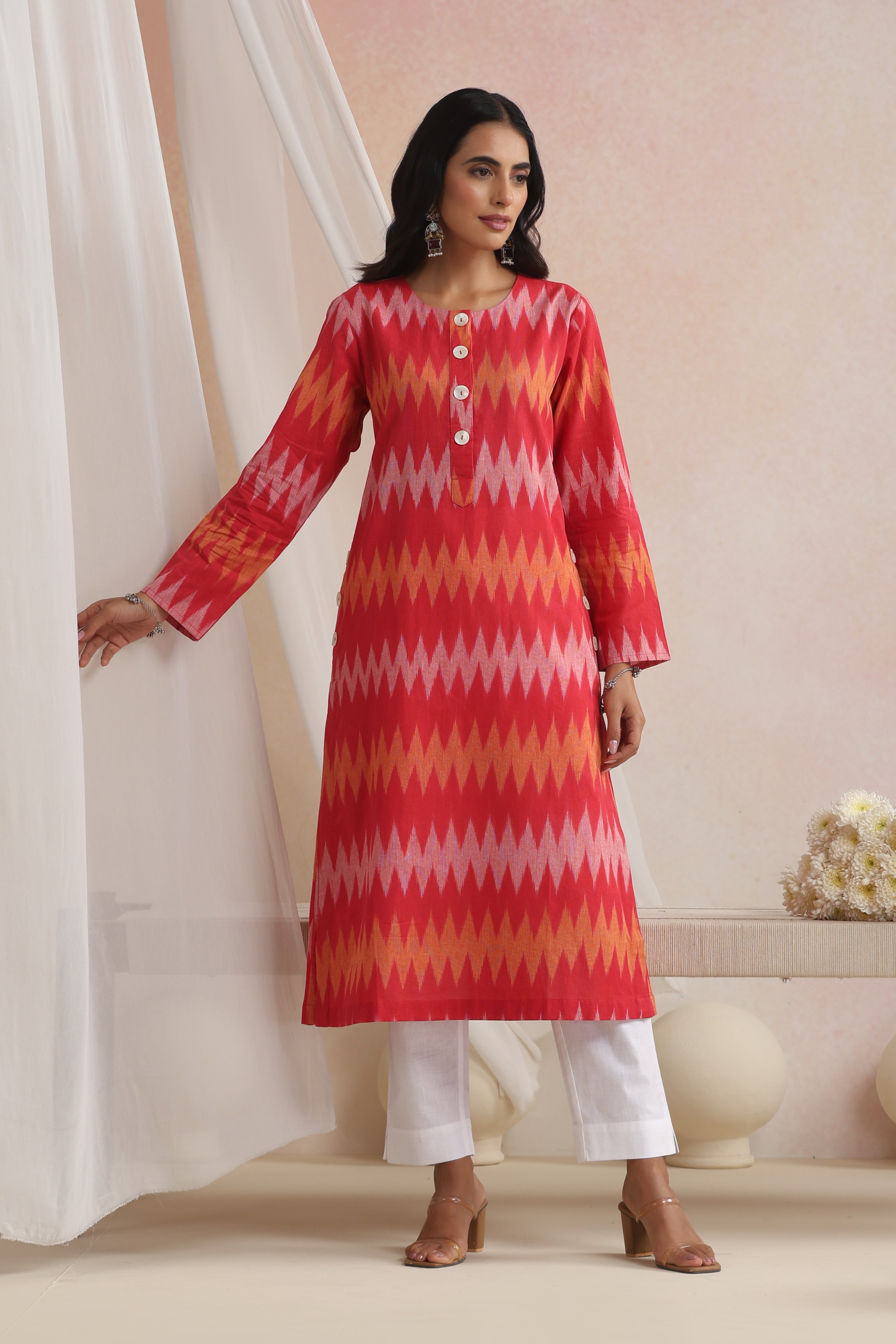 Red Rysa Ikat Handloom Cotton Kurta