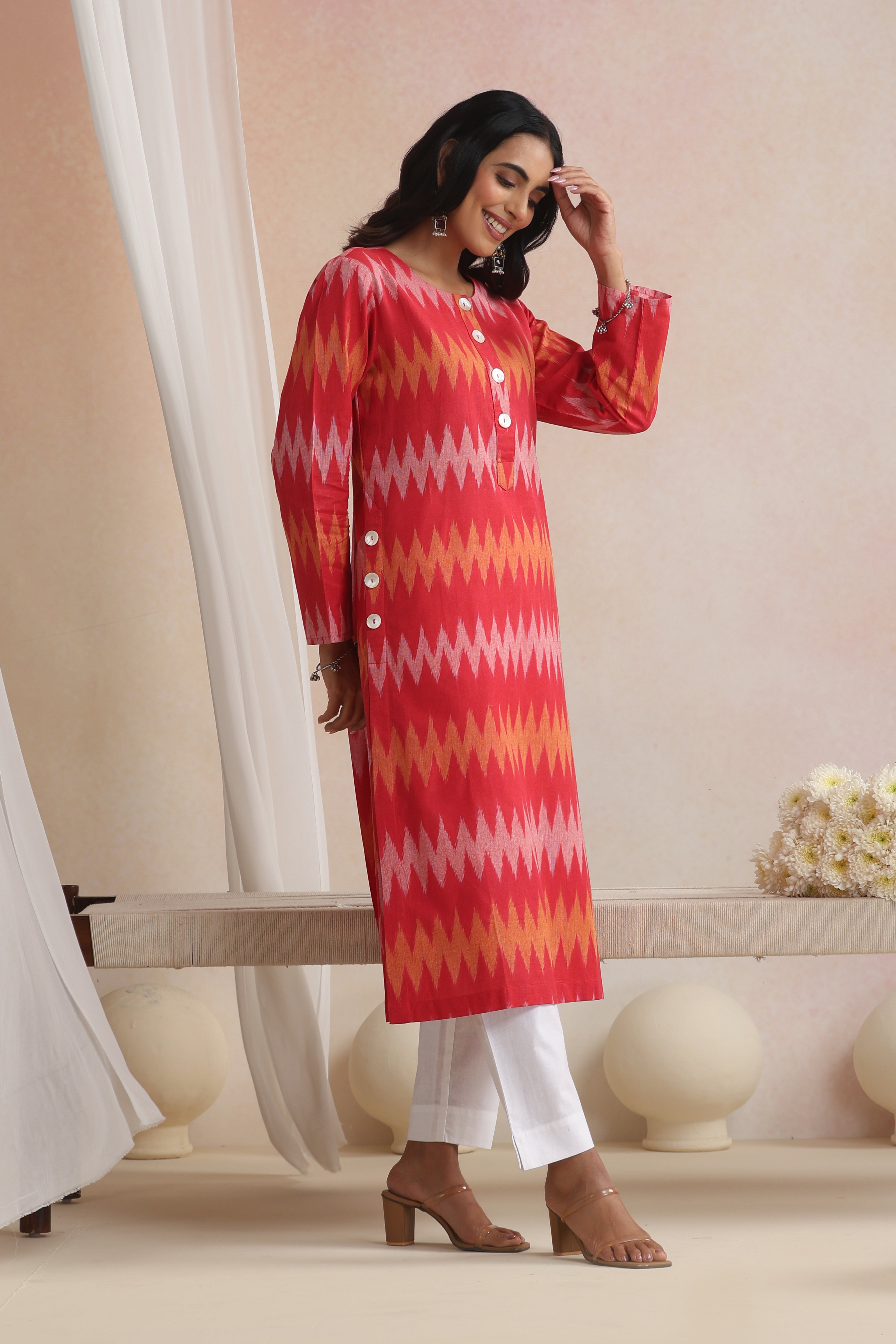 Red Rysa Ikat Handloom Cotton Kurta