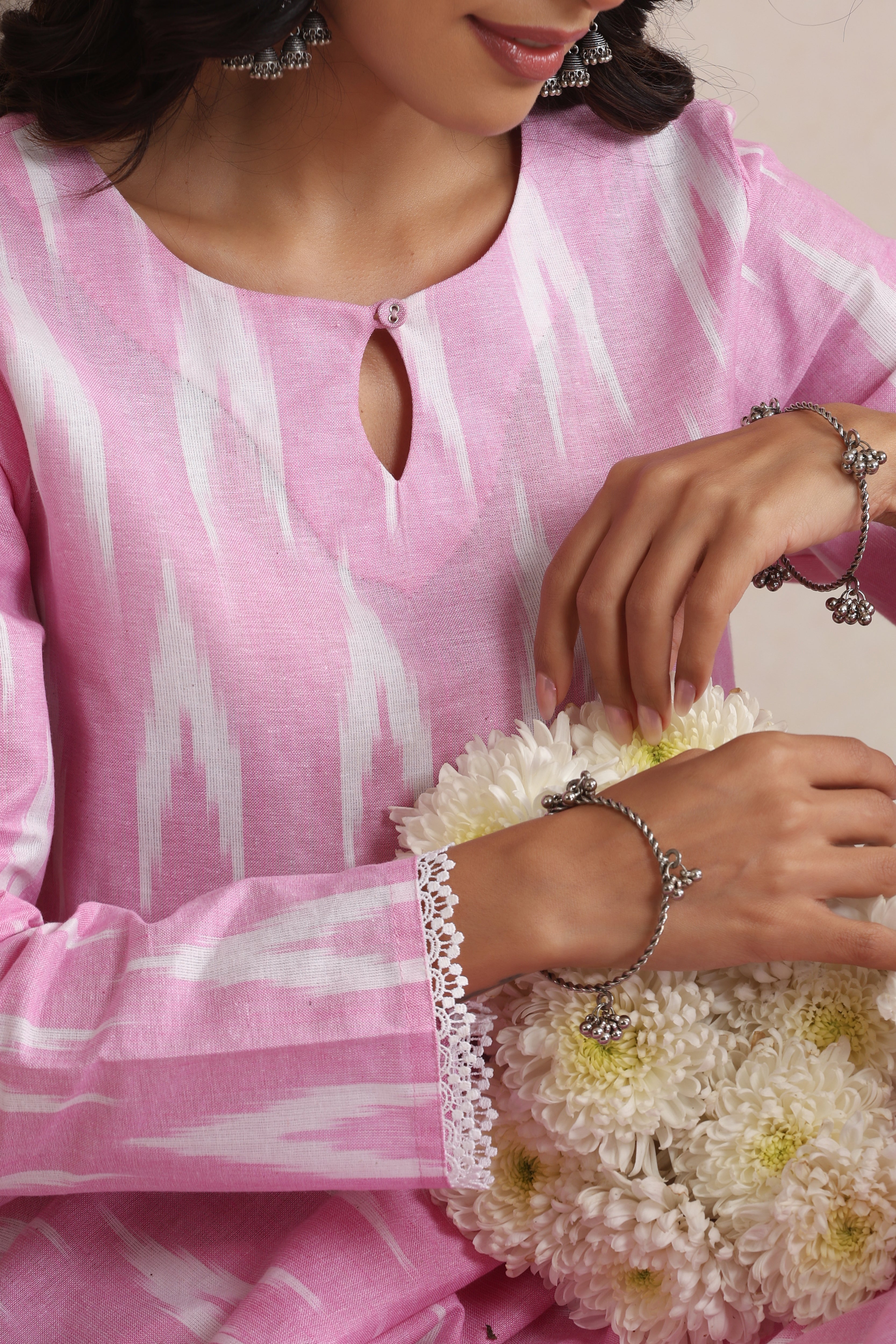 Pink Amara Ikat Handloom Cotton Anarkali Set of 2