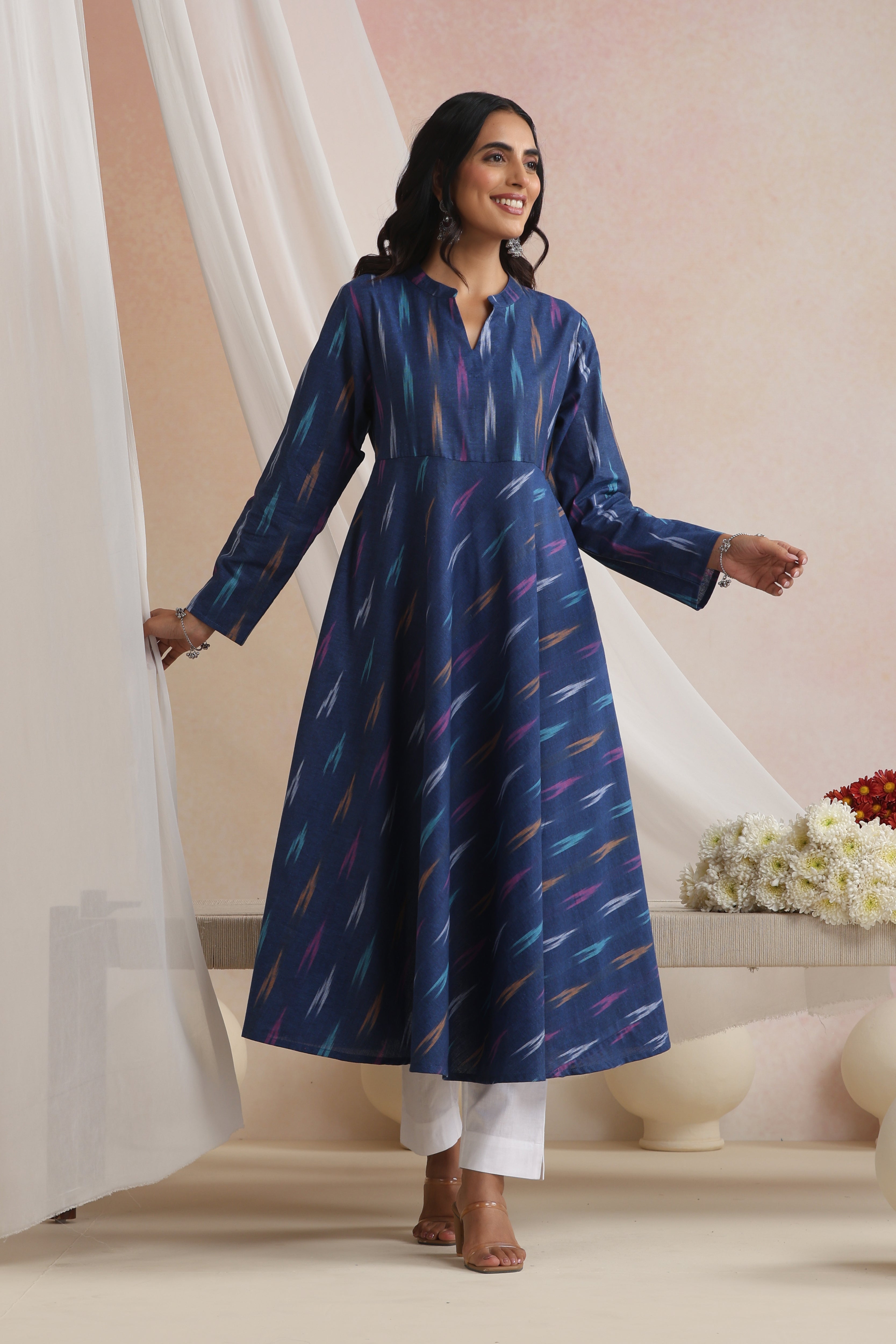 Navy Naira Ikat Handloom Cotton Anarkali Set of 2