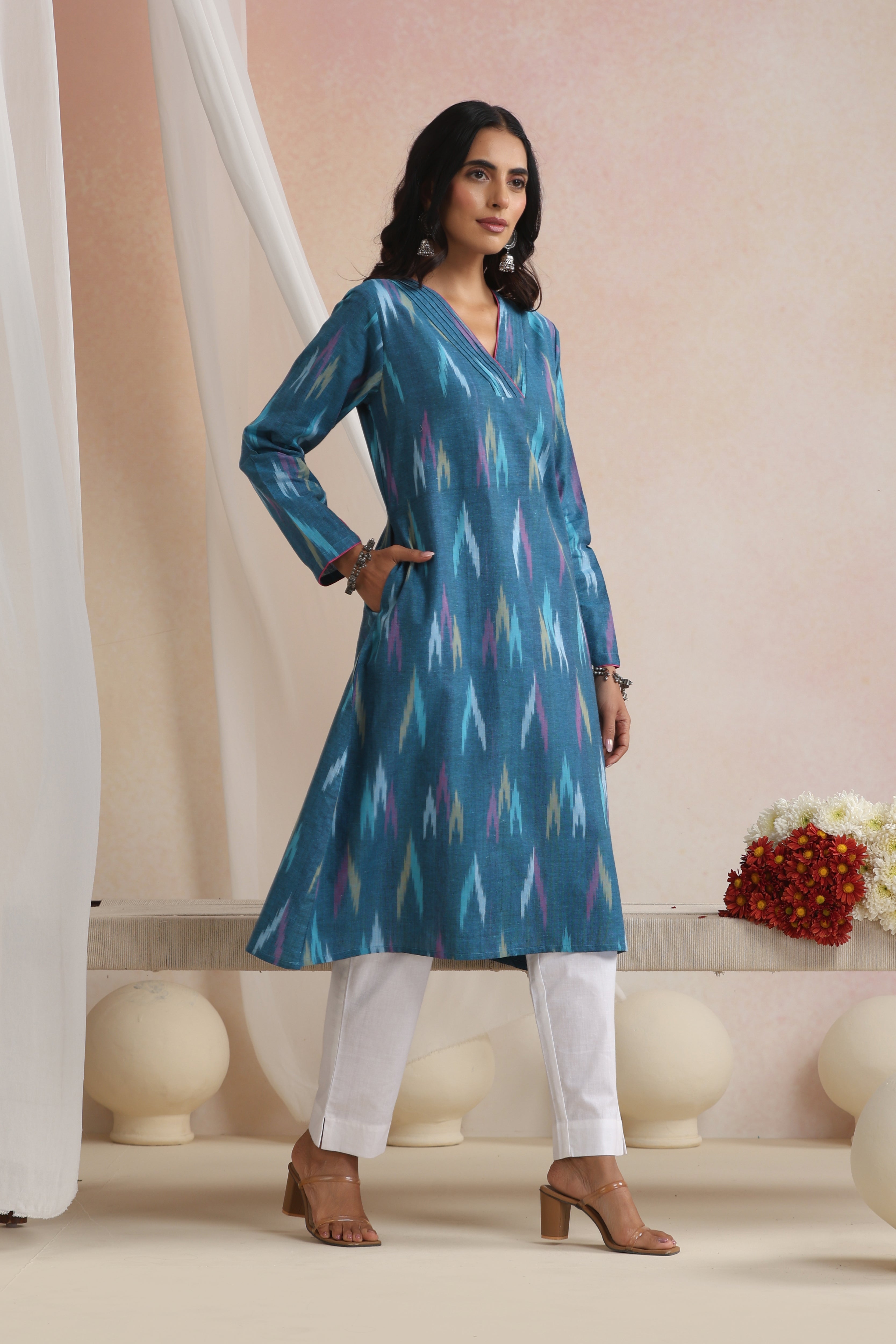 Teal Seraya Ikat Handloom Cotton Kurta