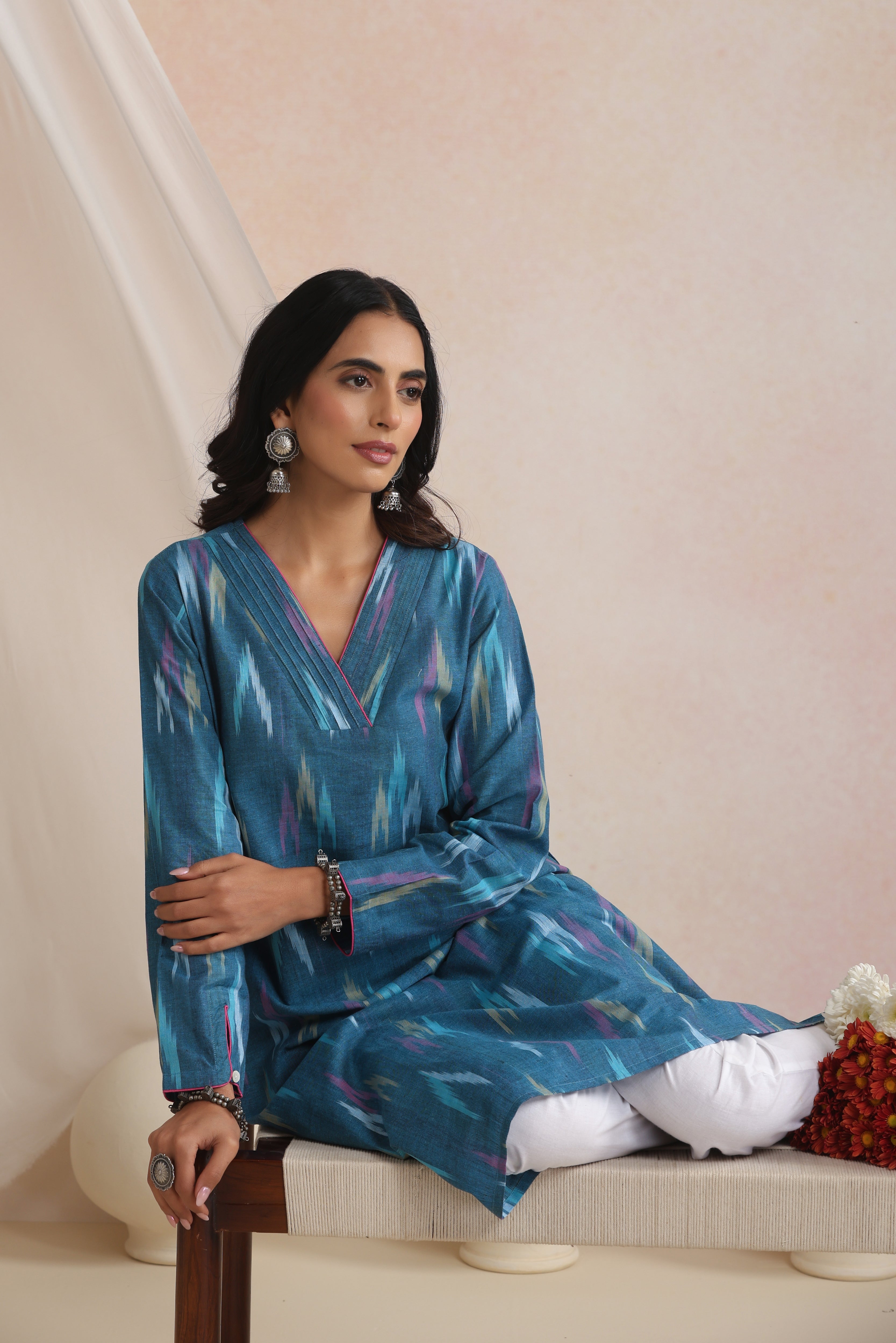 Teal Seraya Ikat Handloom Cotton Kurta