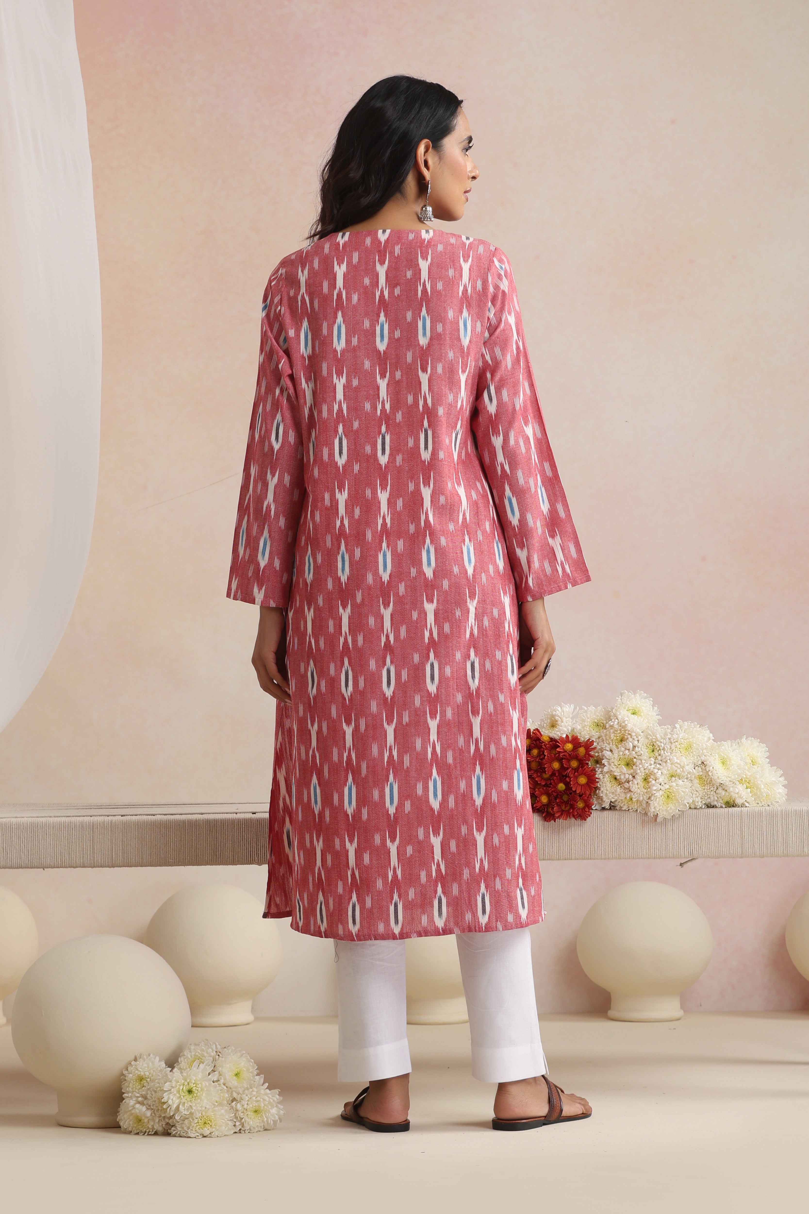 Red Carnelian Ikat Handloom Cotton Kurta