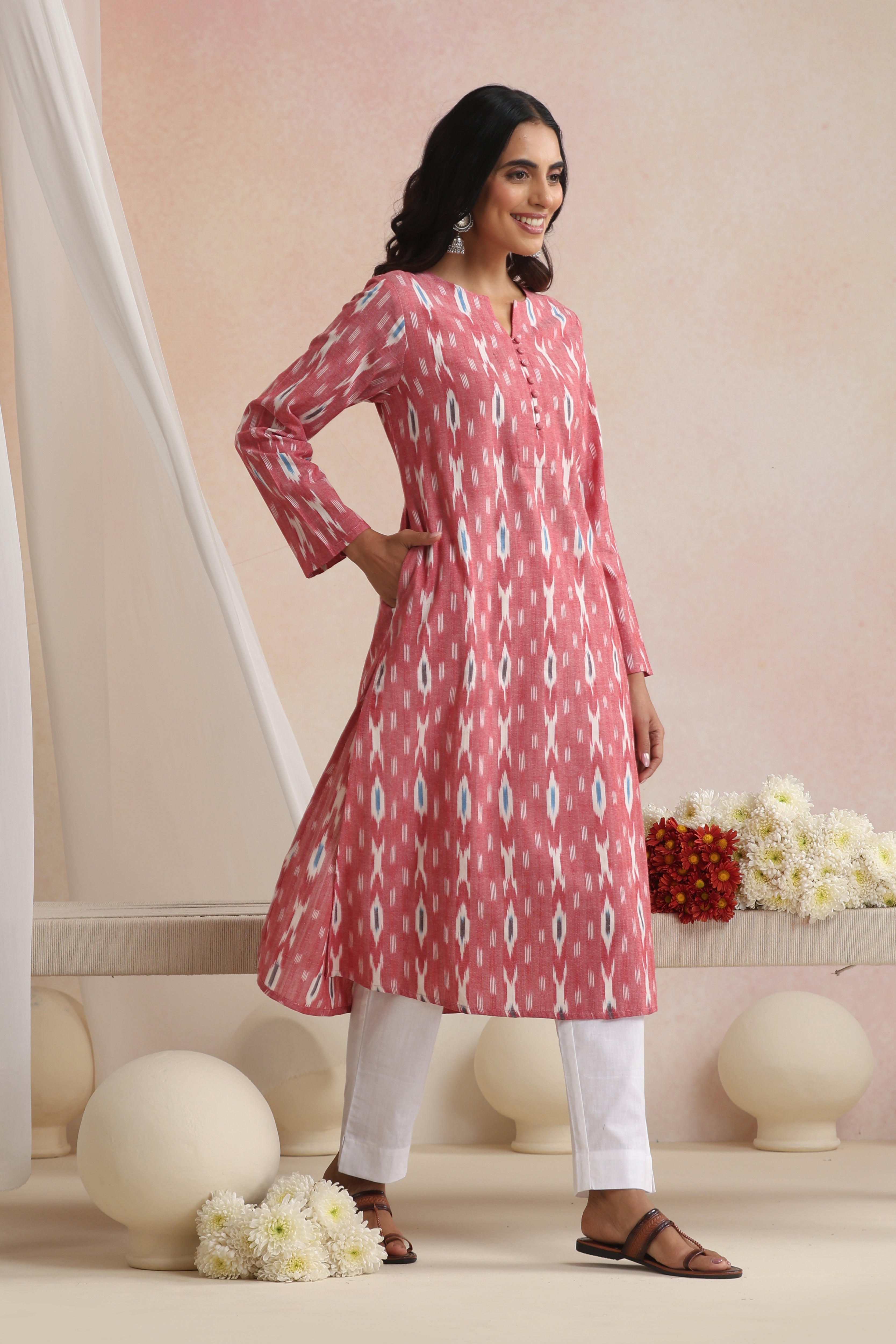 Red Carnelian Ikat Handloom Cotton Kurta